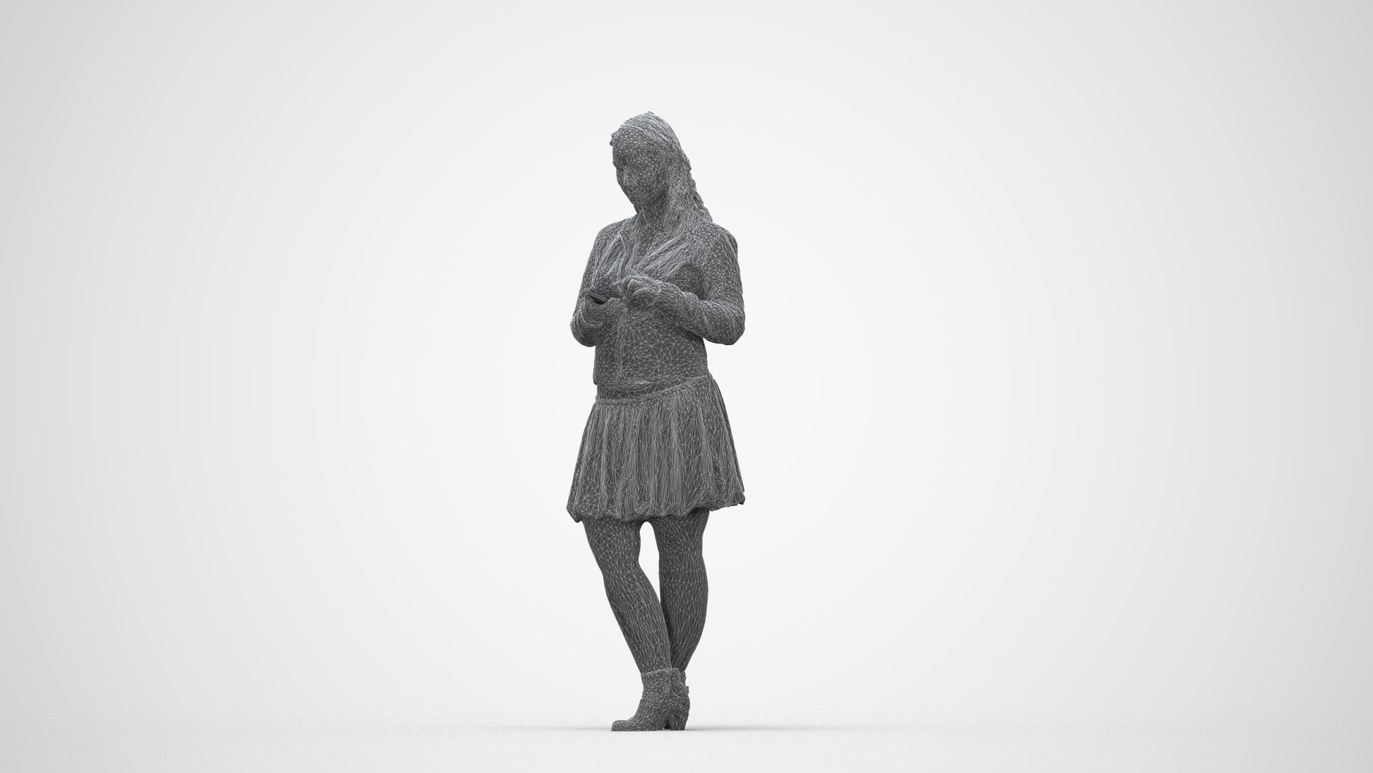 3D scanned woman standing casual, photorealistic archviz people for Enscape and SketchUp, wireframe back view