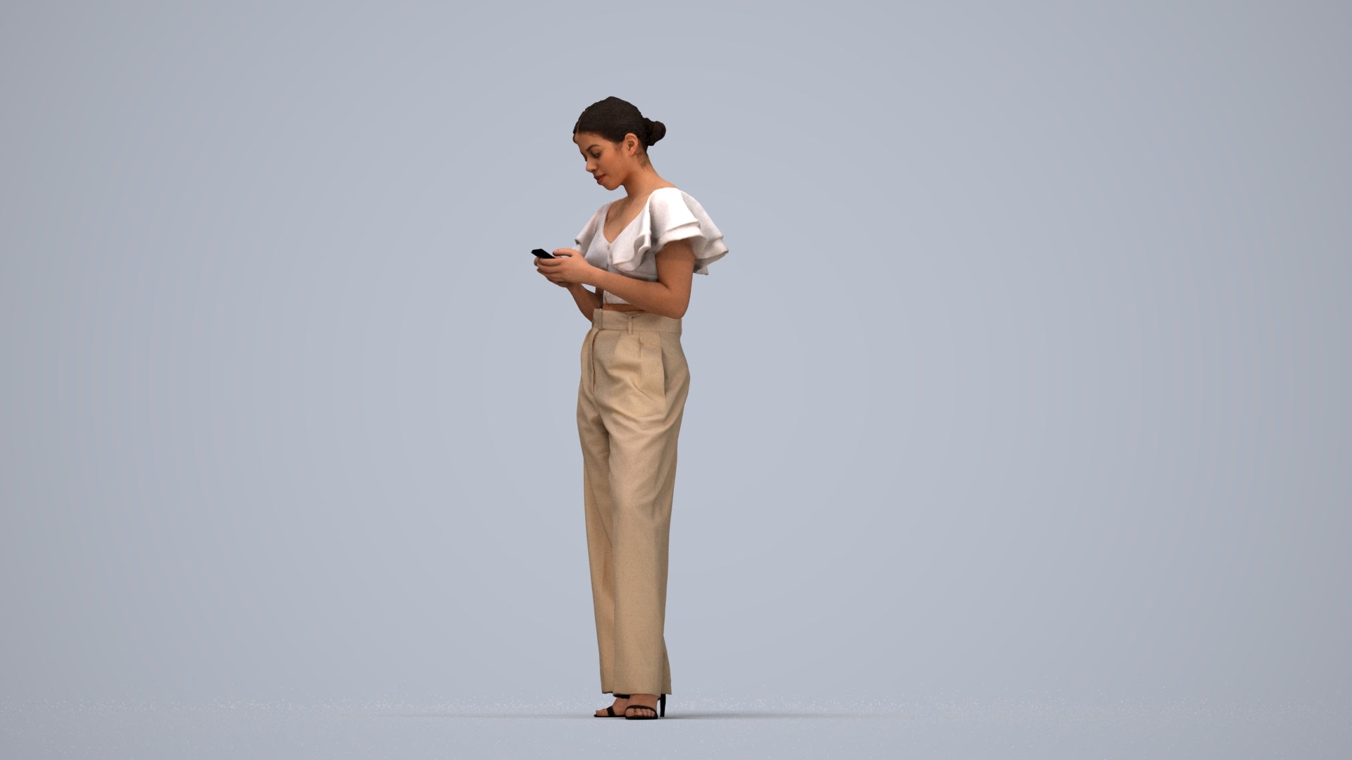 realistic 3D human woman business standing, archviz people FBX OBJ for Blender, top-down view render
