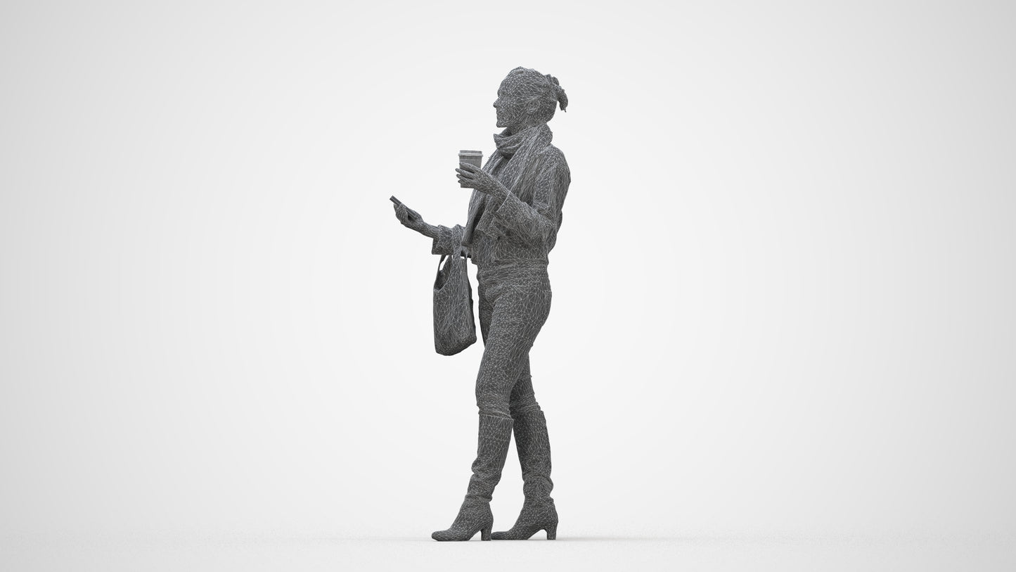 realistic 3D people woman casual standing, render-ready for V-Ray and Corona, FBX OBJ, wireframe back view