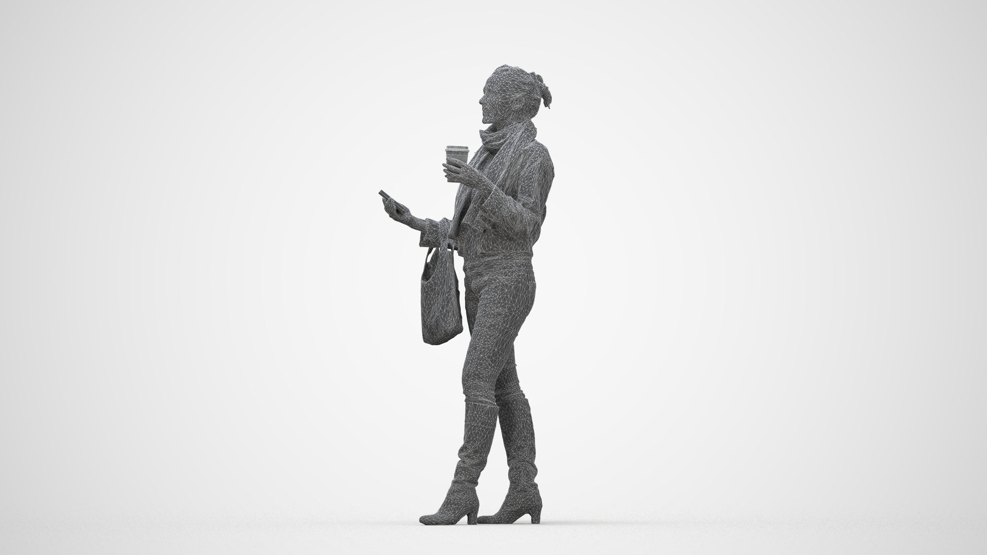 realistic 3D people woman casual standing, render-ready for V-Ray and Corona, FBX OBJ, wireframe back view
