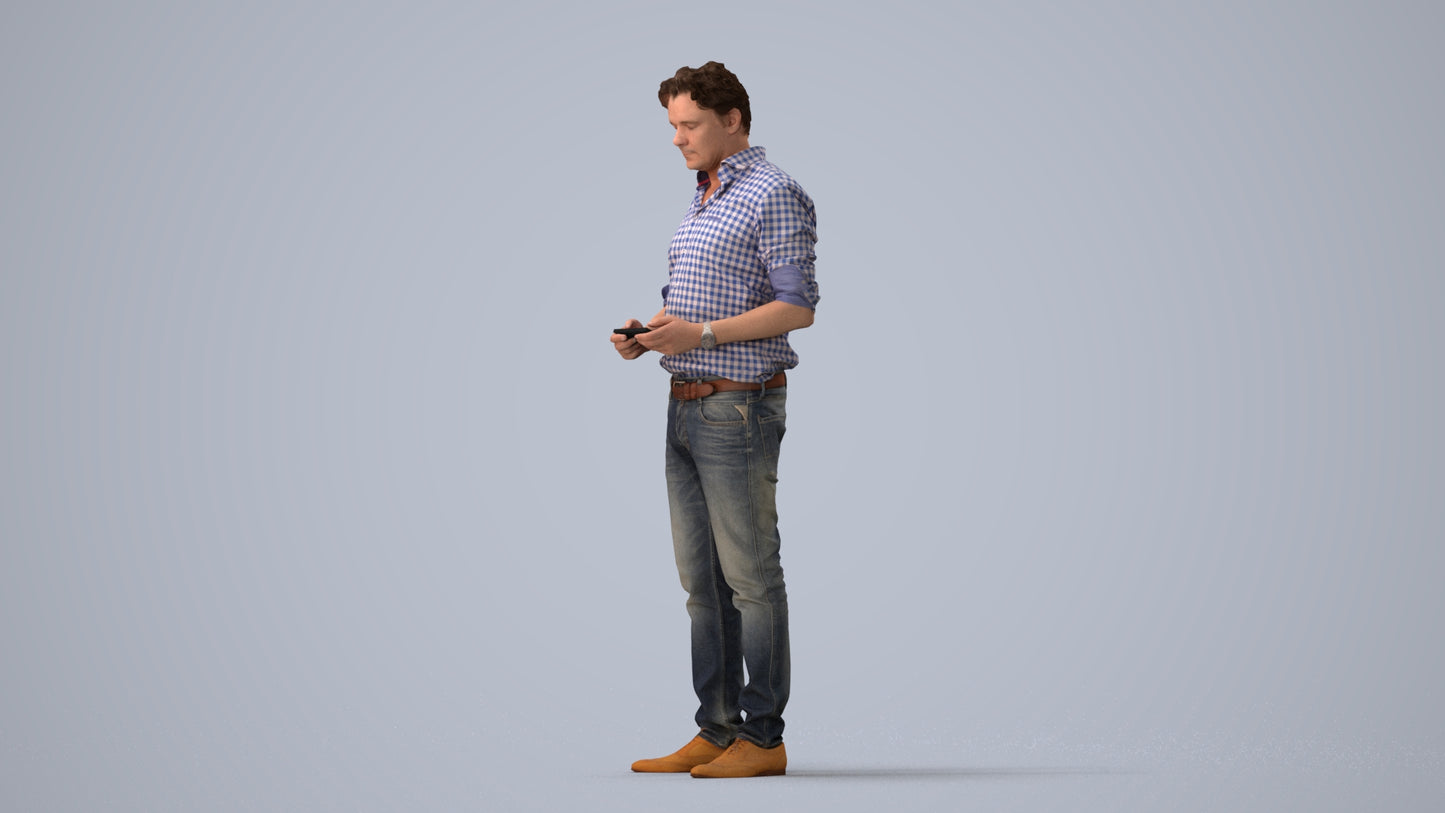 3D scanned man standing casual, photorealistic archviz people for Enscape and SketchUp, three-quarter view render