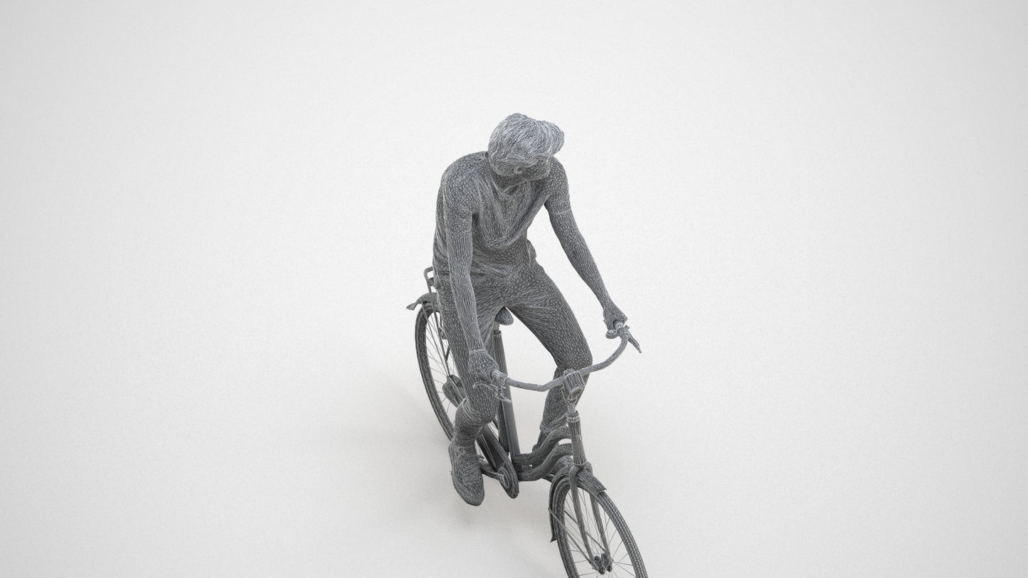 realistic 3D man casual cycling, scanned archviz people for Blender and 3ds Max, wireframe three-quarter view