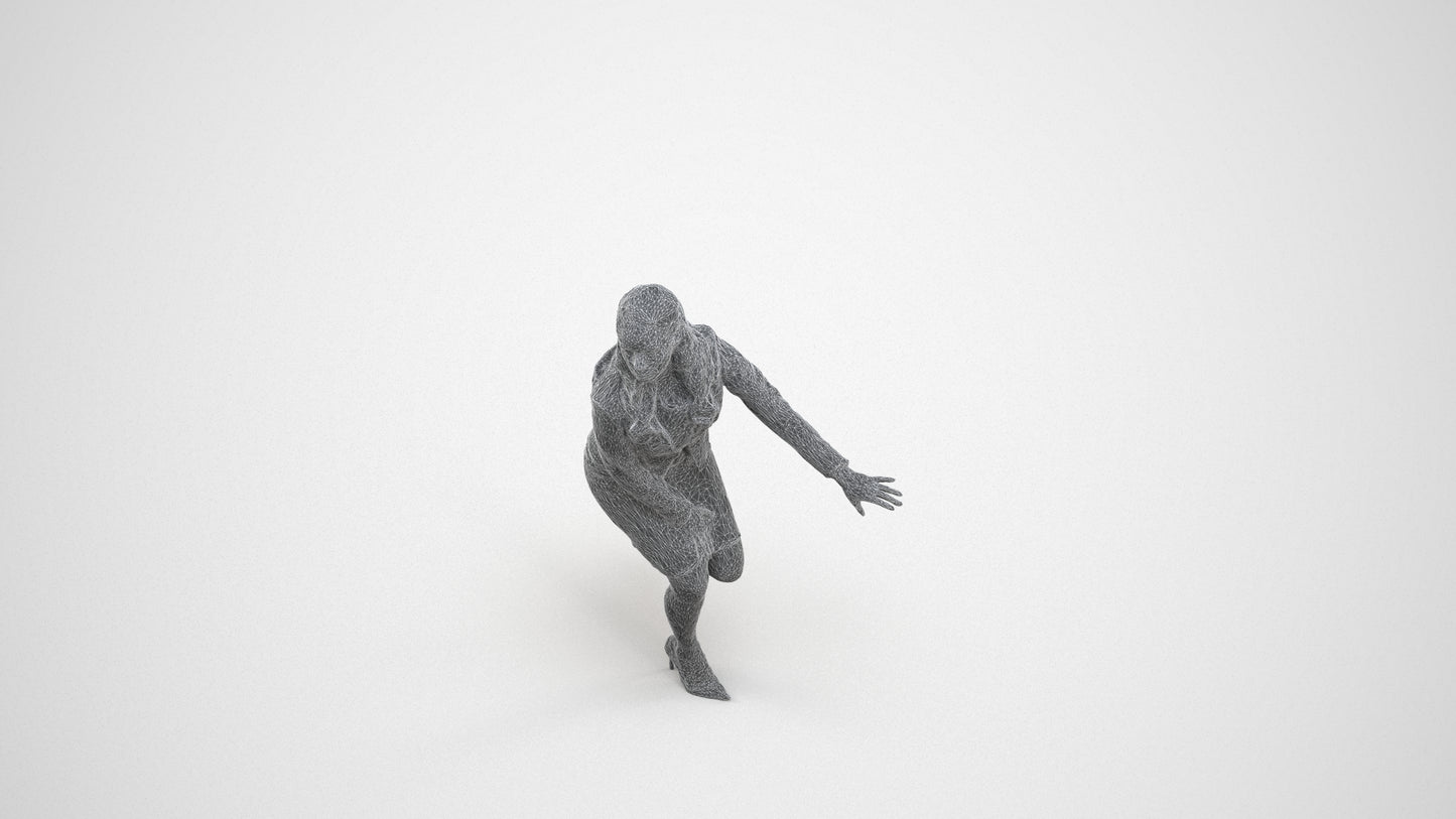 3D human model woman business sitting, photogrammetry scanned person for archviz, wireframe three-quarter view