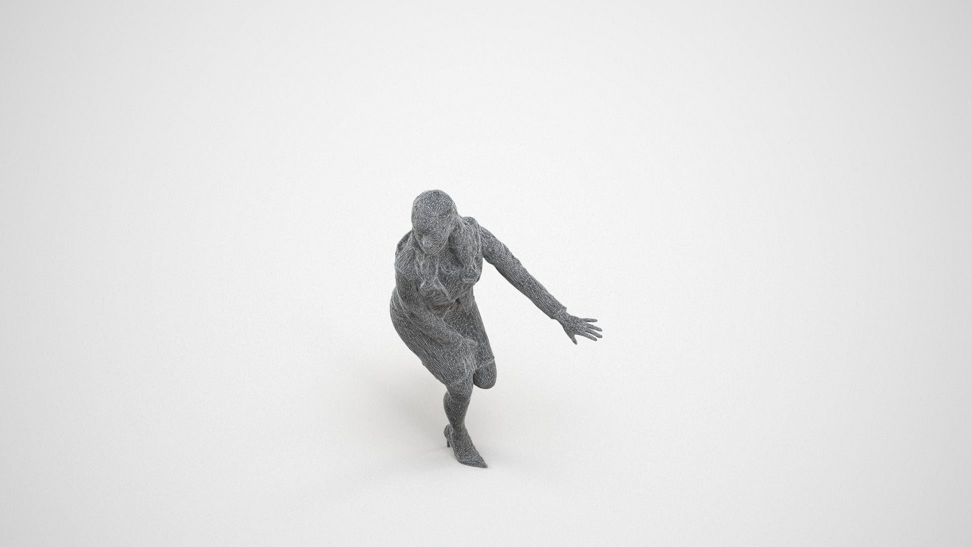 3D human model woman business sitting, photogrammetry scanned person for archviz, wireframe three-quarter view