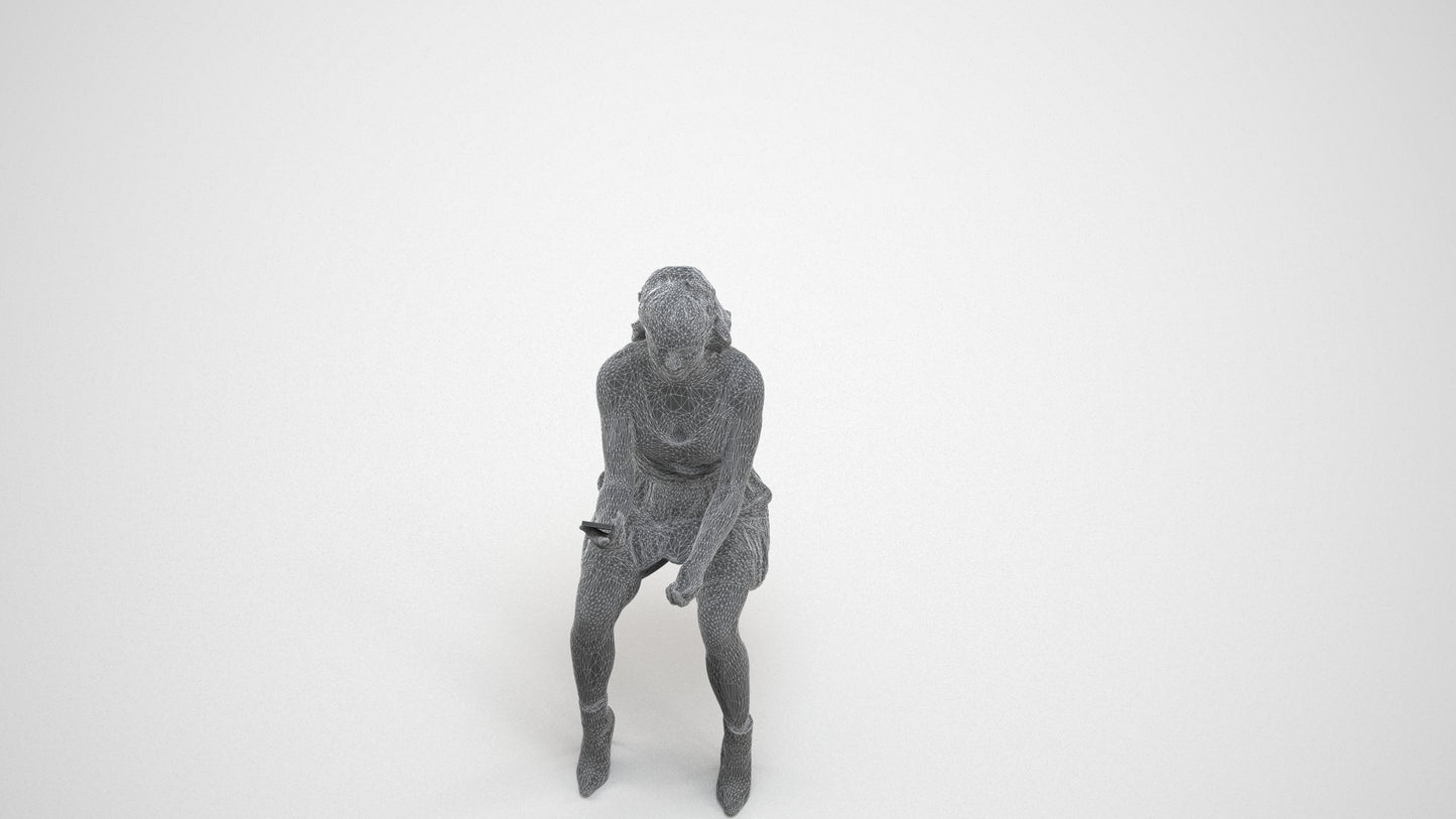 photogrammetry 3D woman casual sitting, realistic human model archviz FBX, wireframe three-quarter view