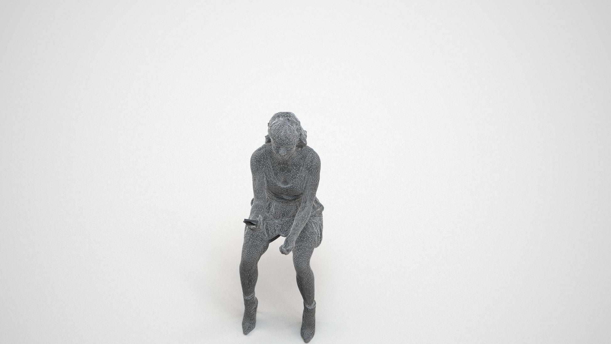 photogrammetry 3D woman casual sitting, realistic human model archviz FBX, wireframe three-quarter view