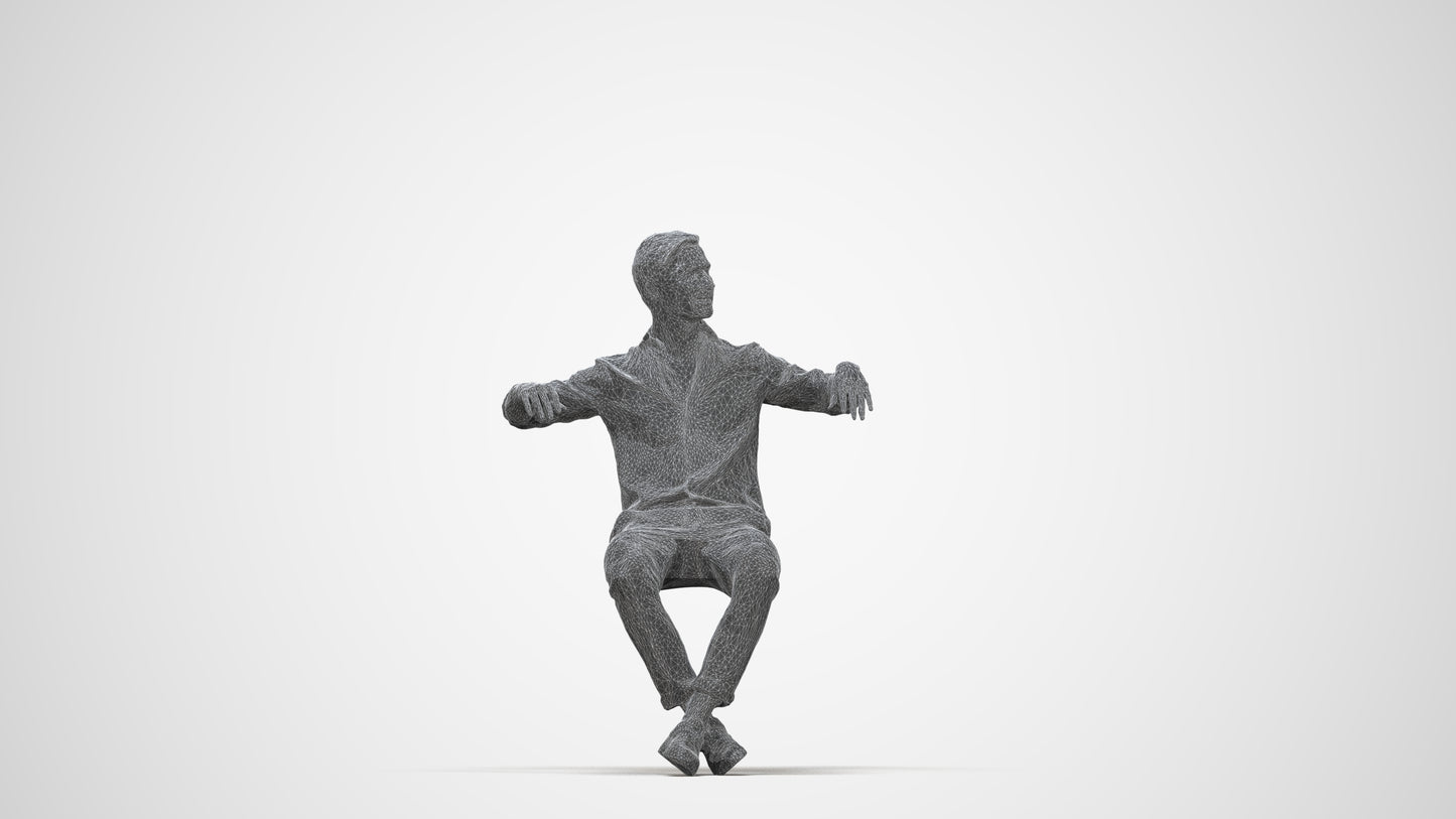 realistic 3D man casual sitting, scanned archviz people for Blender and 3ds Max, wireframe back view
