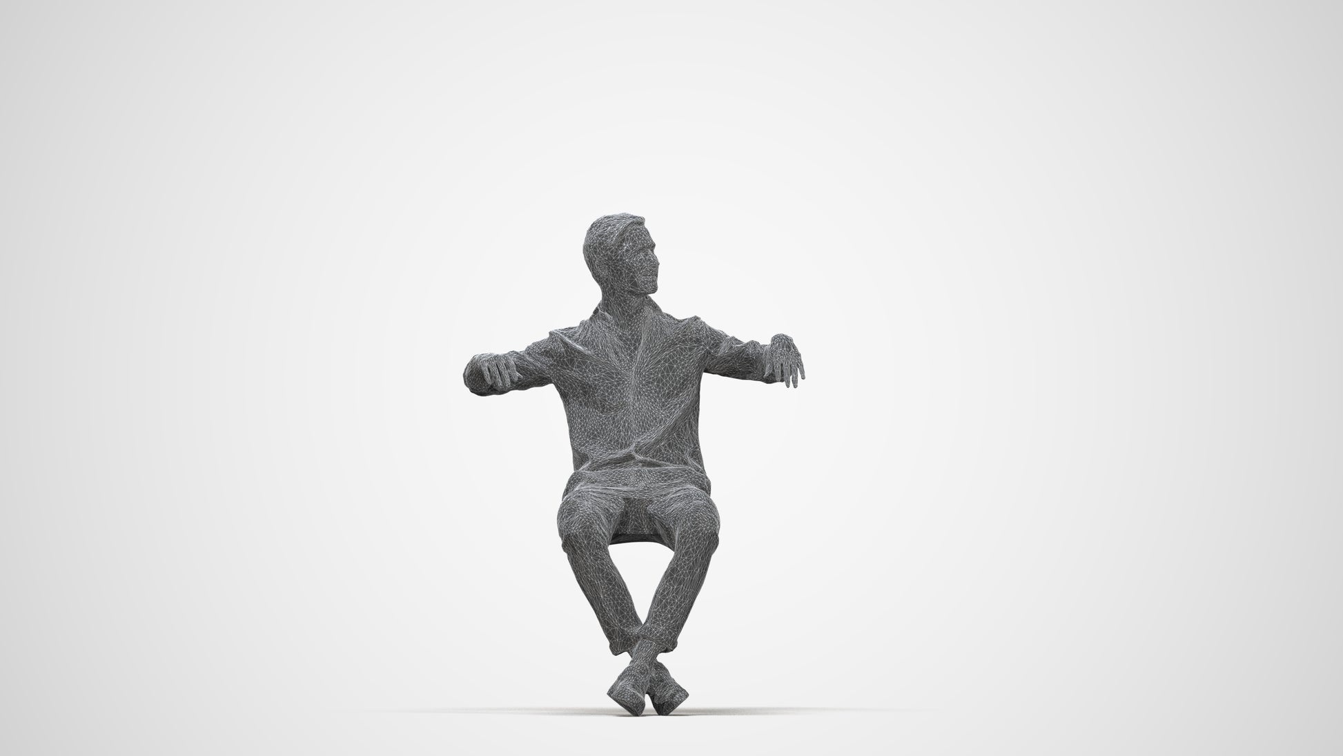 realistic 3D man casual sitting, scanned archviz people for Blender and 3ds Max, wireframe back view