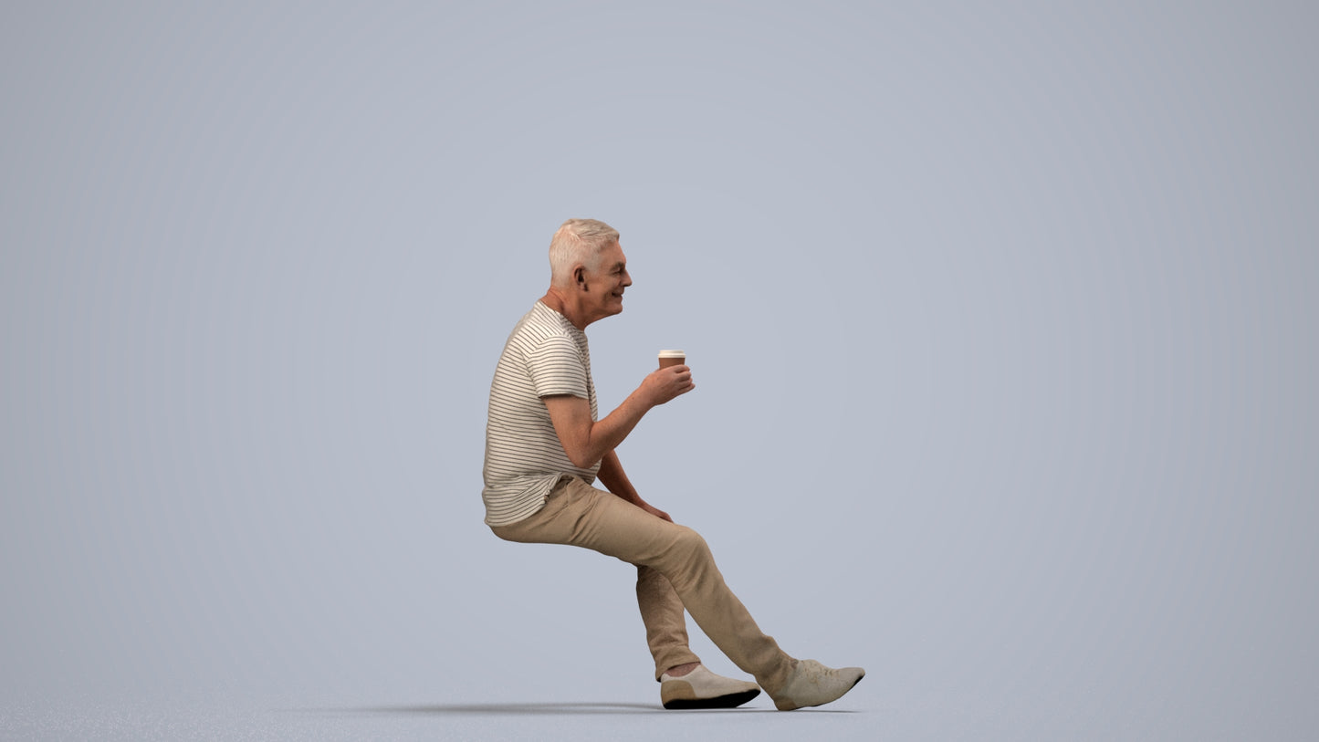scanned 3D senior man casual sitting, photogrammetry people for Enscape and V-Ray, side view render