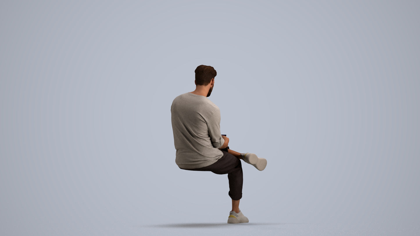 3D human model man casual sitting, photogrammetry scanned person for archviz, front view render