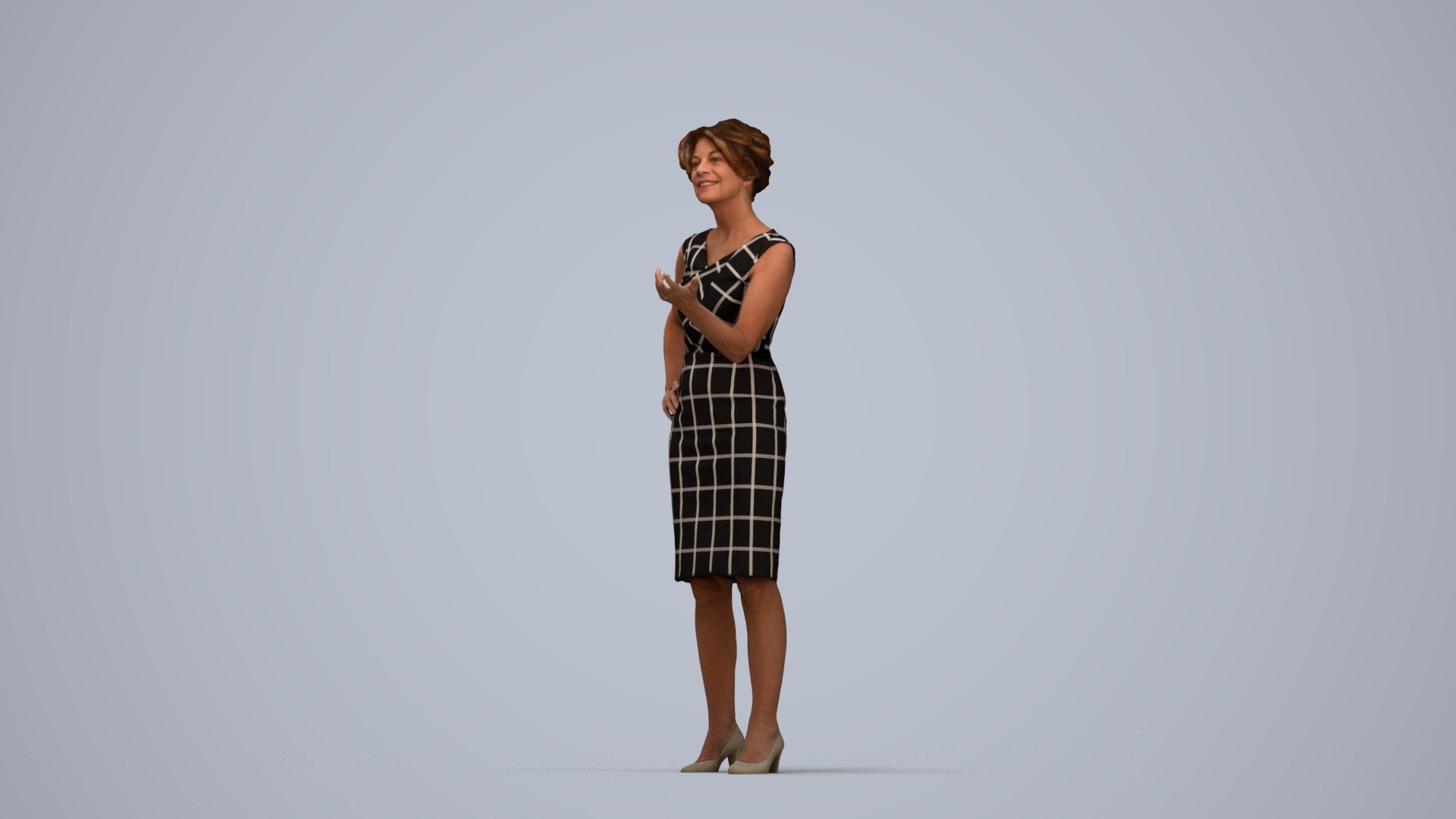 realistic 3D human woman business standing, archviz people FBX OBJ for Blender, top-down view render