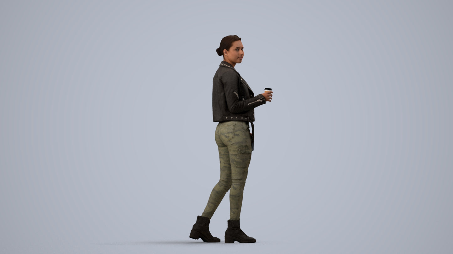realistic 3D human woman casual walking, archviz people FBX OBJ for Blender, side view render