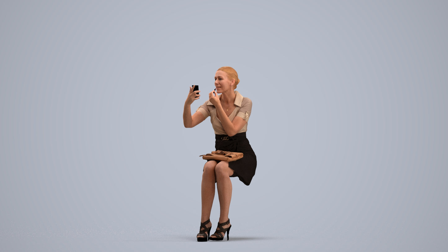 3D human model woman casual sitting, photogrammetry scanned person for archviz, standing pose render
