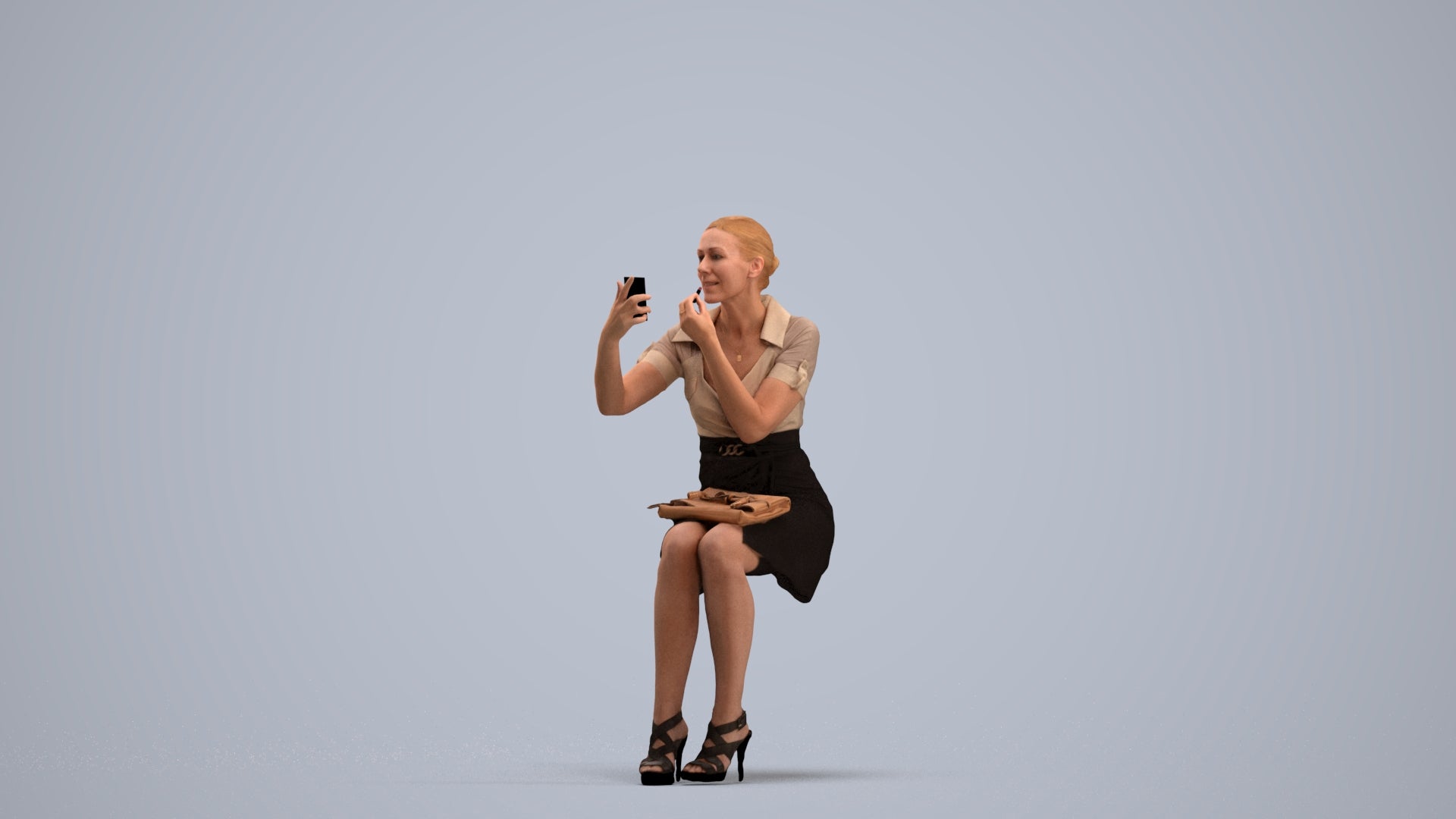 3D human model woman casual sitting, photogrammetry scanned person for archviz, standing pose render