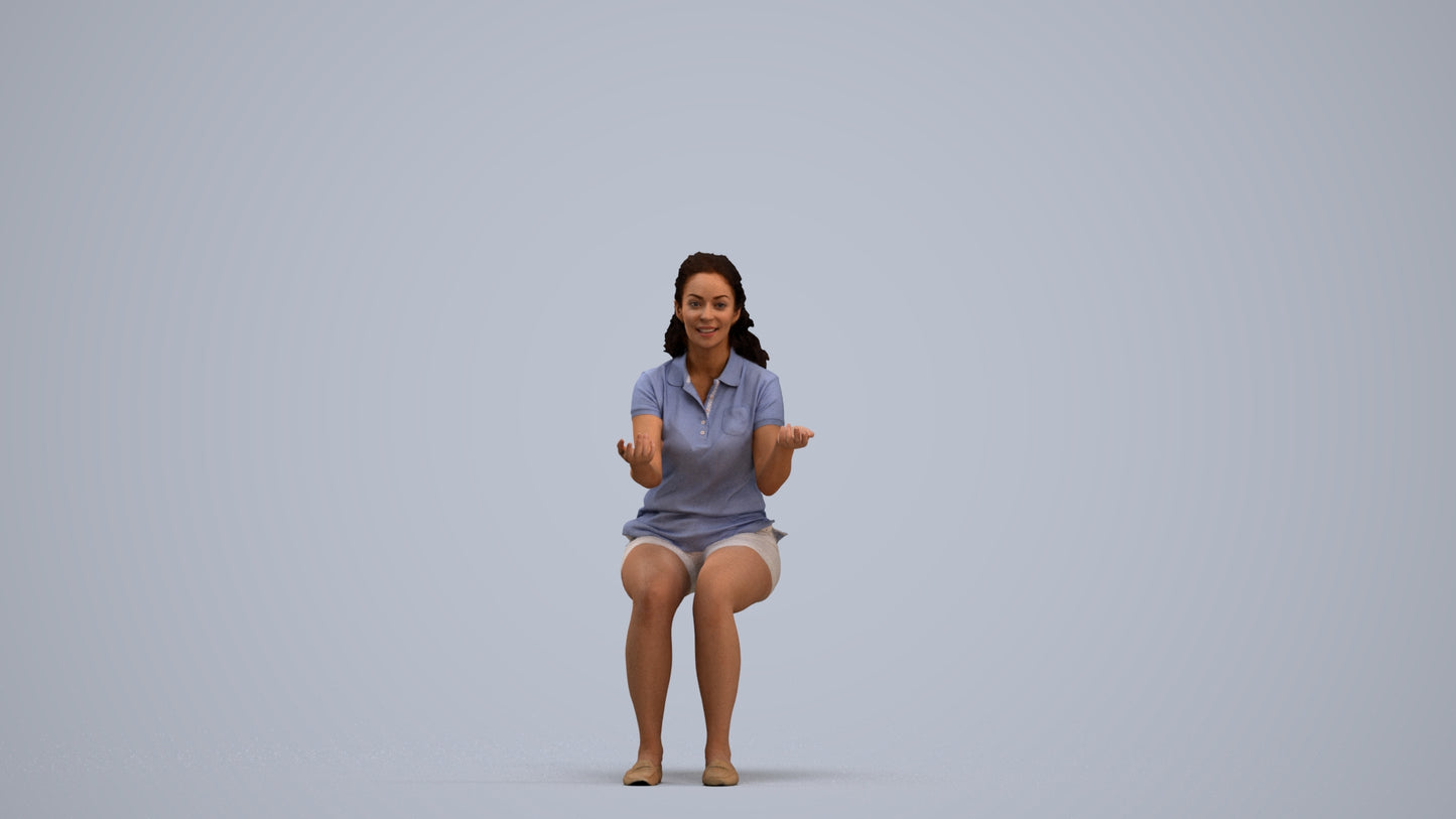 3D human model woman casual sitting, photogrammetry scanned person for archviz, standing pose render