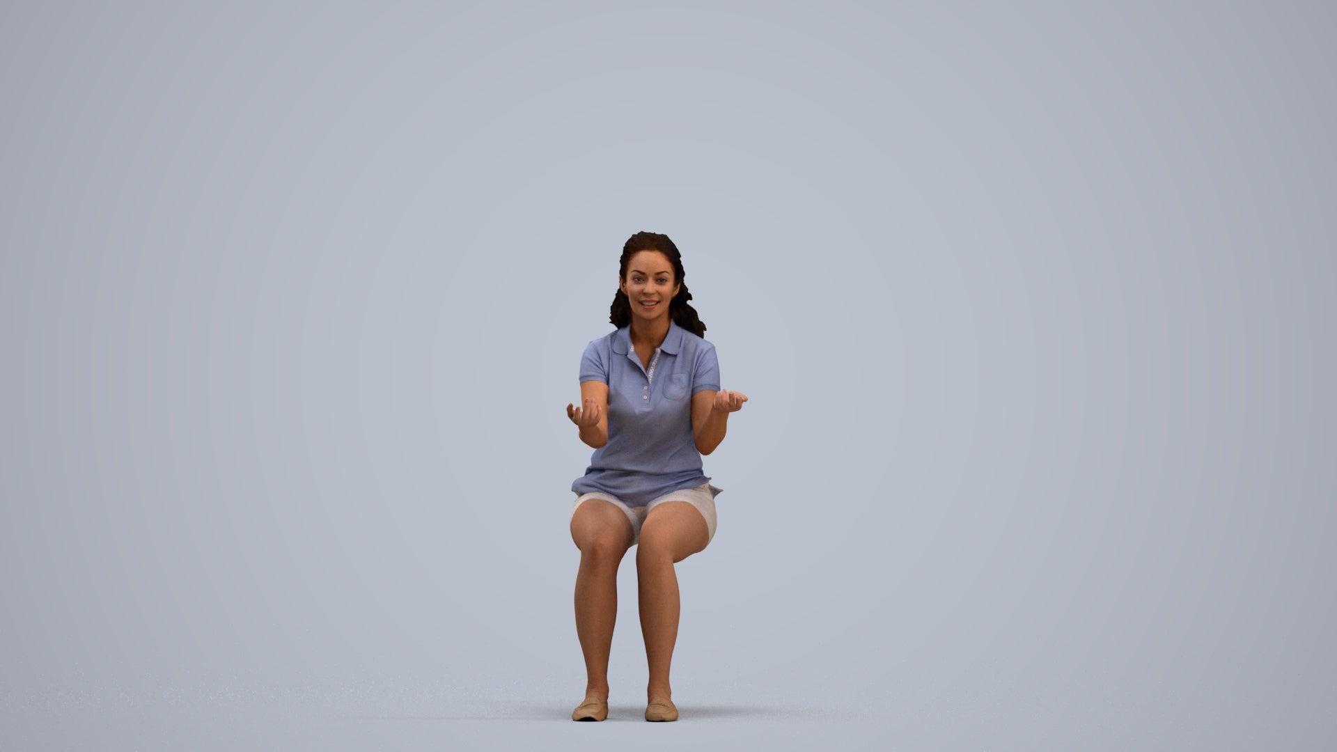 3D human model woman casual sitting, photogrammetry scanned person for archviz, standing pose render