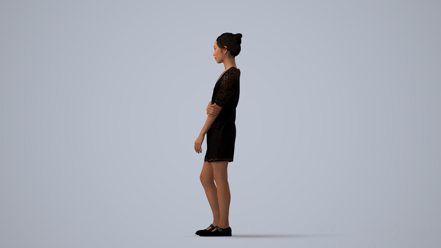 realistic 3D human woman business standing, archviz people FBX OBJ for Blender, three-quarter view render