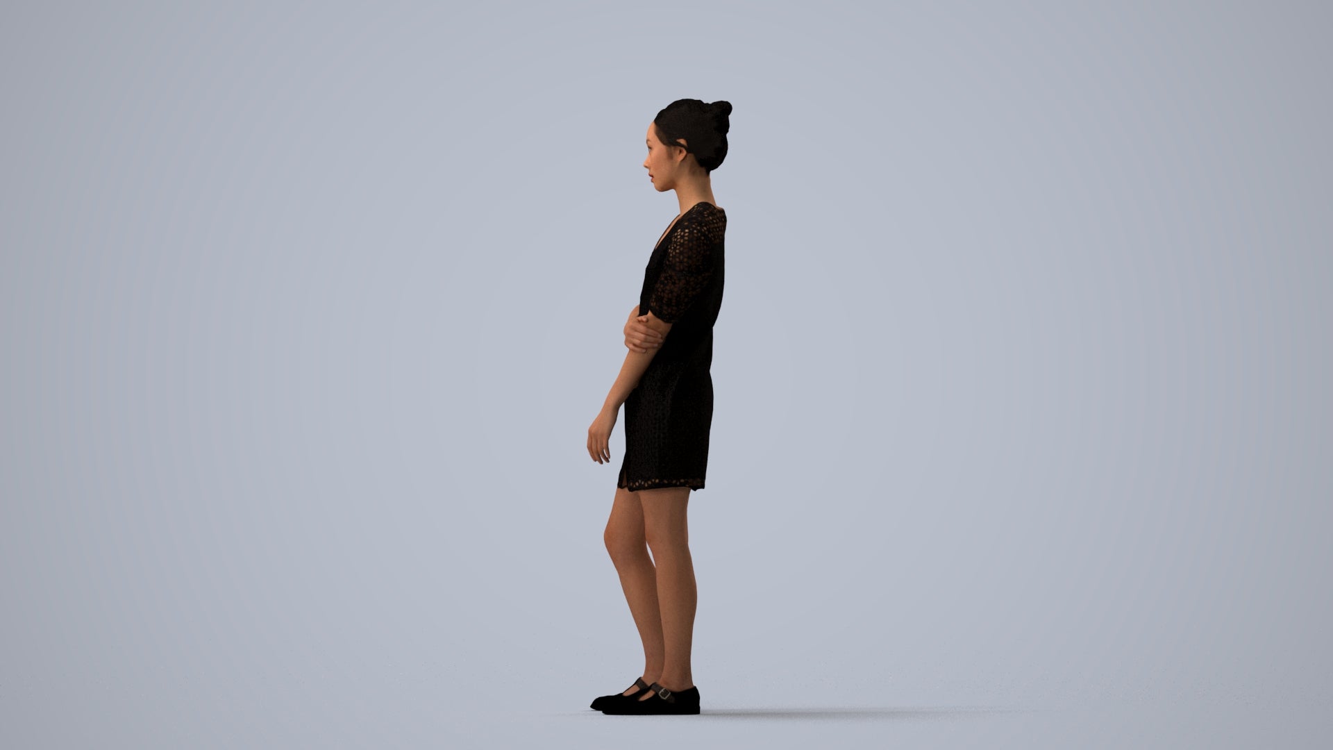 realistic 3D human woman business standing, archviz people FBX OBJ for Blender, three-quarter view render
