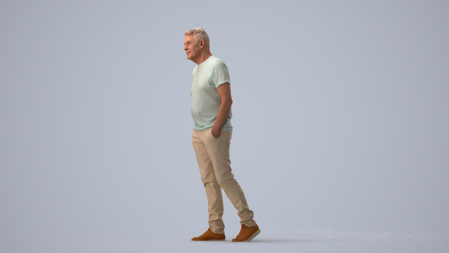 3D people model senior man casual walking, scanned human for 3ds Max rendering, three-quarter view render