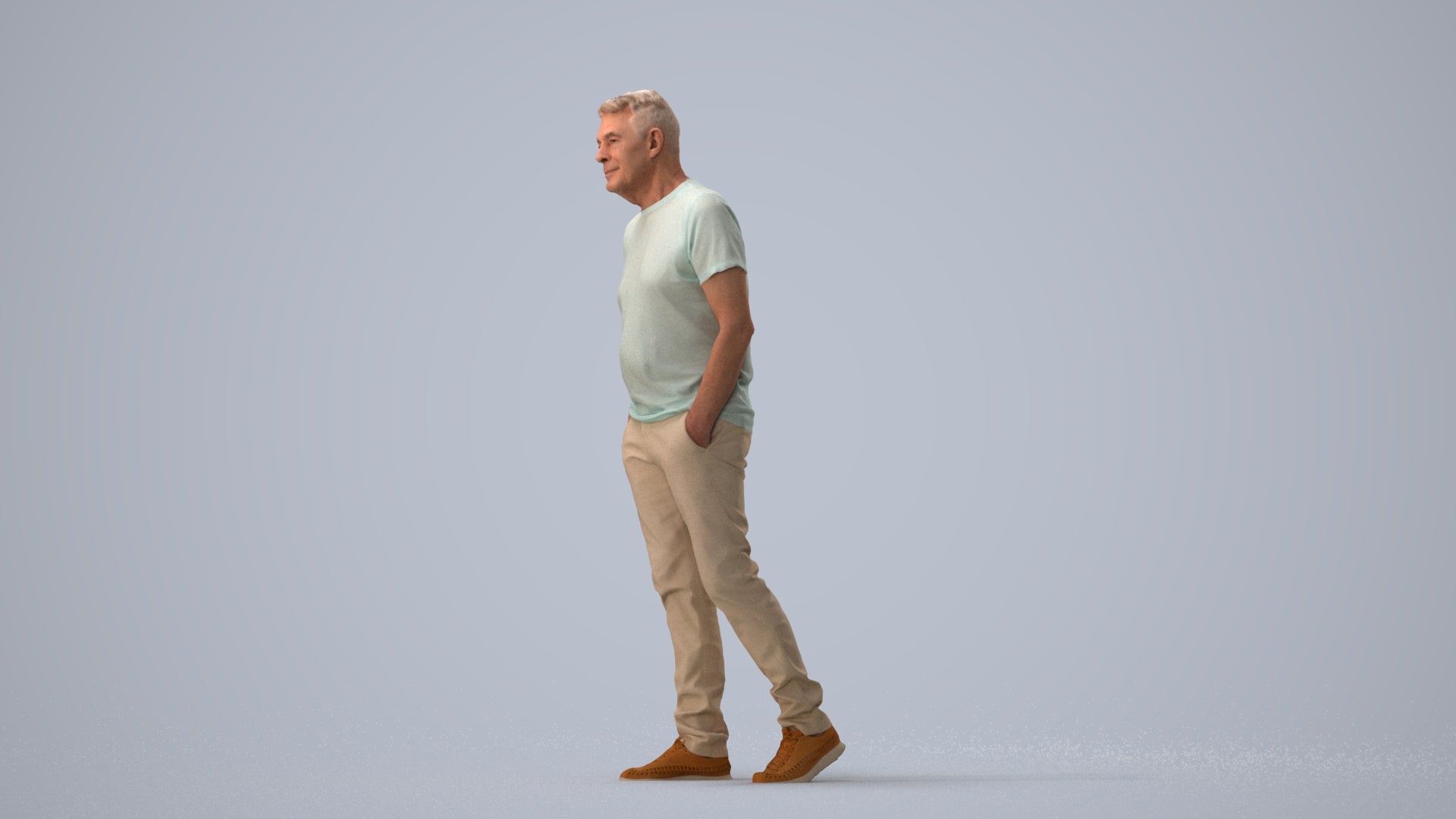 3D people model senior man casual walking, scanned human for 3ds Max rendering, three-quarter view render