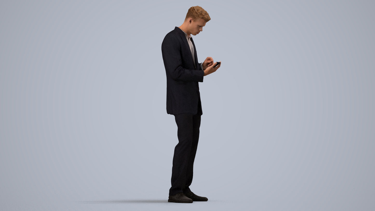 realistic 3D human man business, archviz people FBX OBJ for Blender, side view render