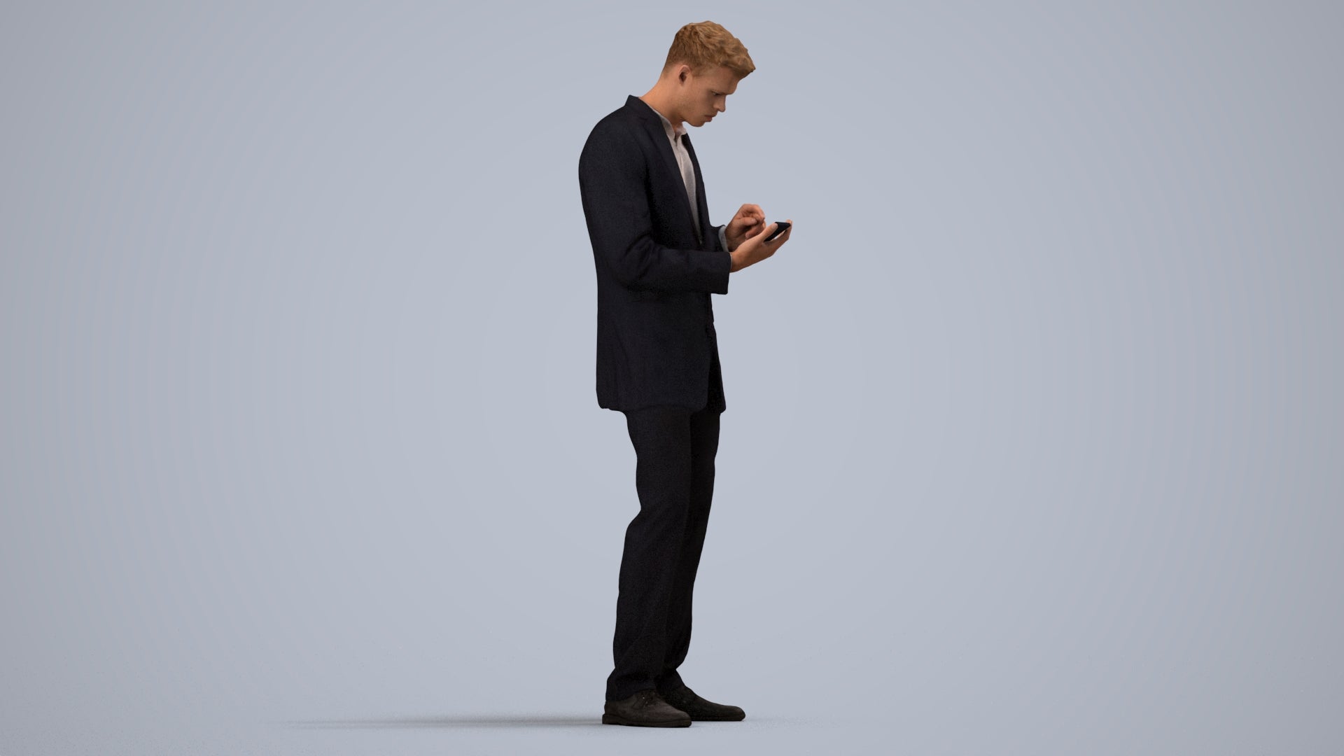 realistic 3D human man business, archviz people FBX OBJ for Blender, side view render