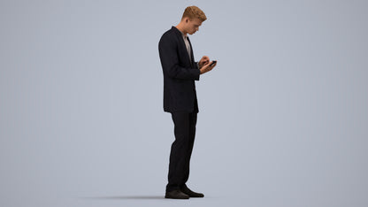 realistic 3D human man business, archviz people FBX OBJ for Blender, side view render