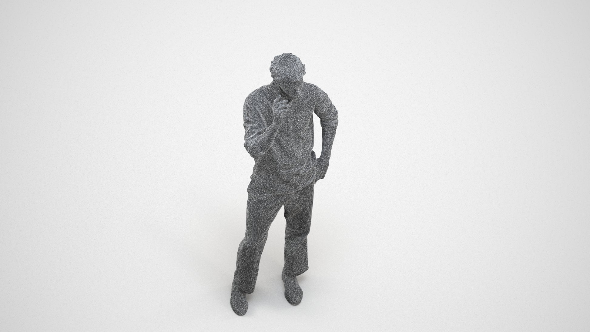 realistic 3D human man casual standing, archviz people FBX OBJ for Blender, wireframe three-quarter view