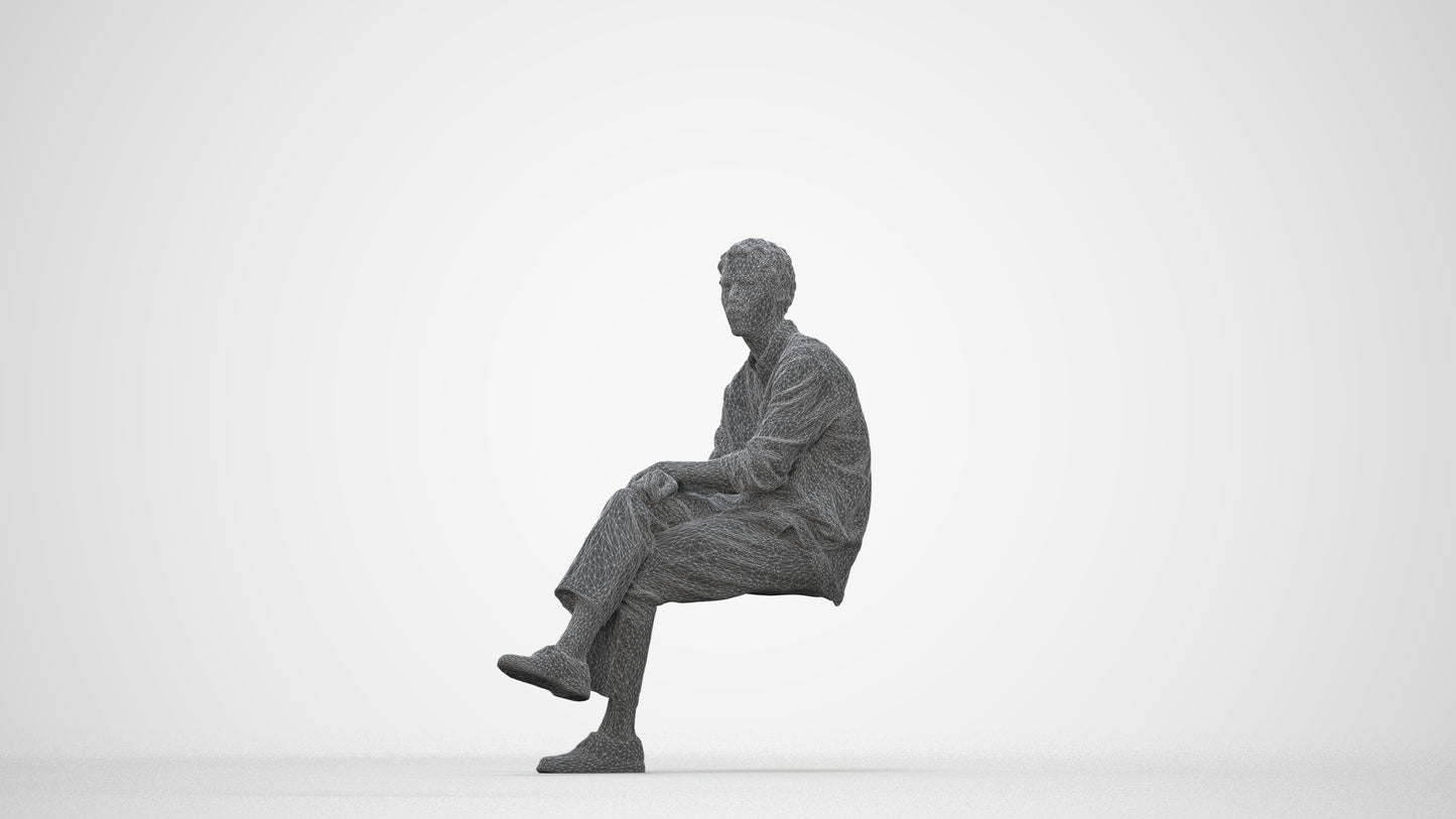 3D scanned man sitting casual, photorealistic archviz people for Enscape and SketchUp, wireframe back view
