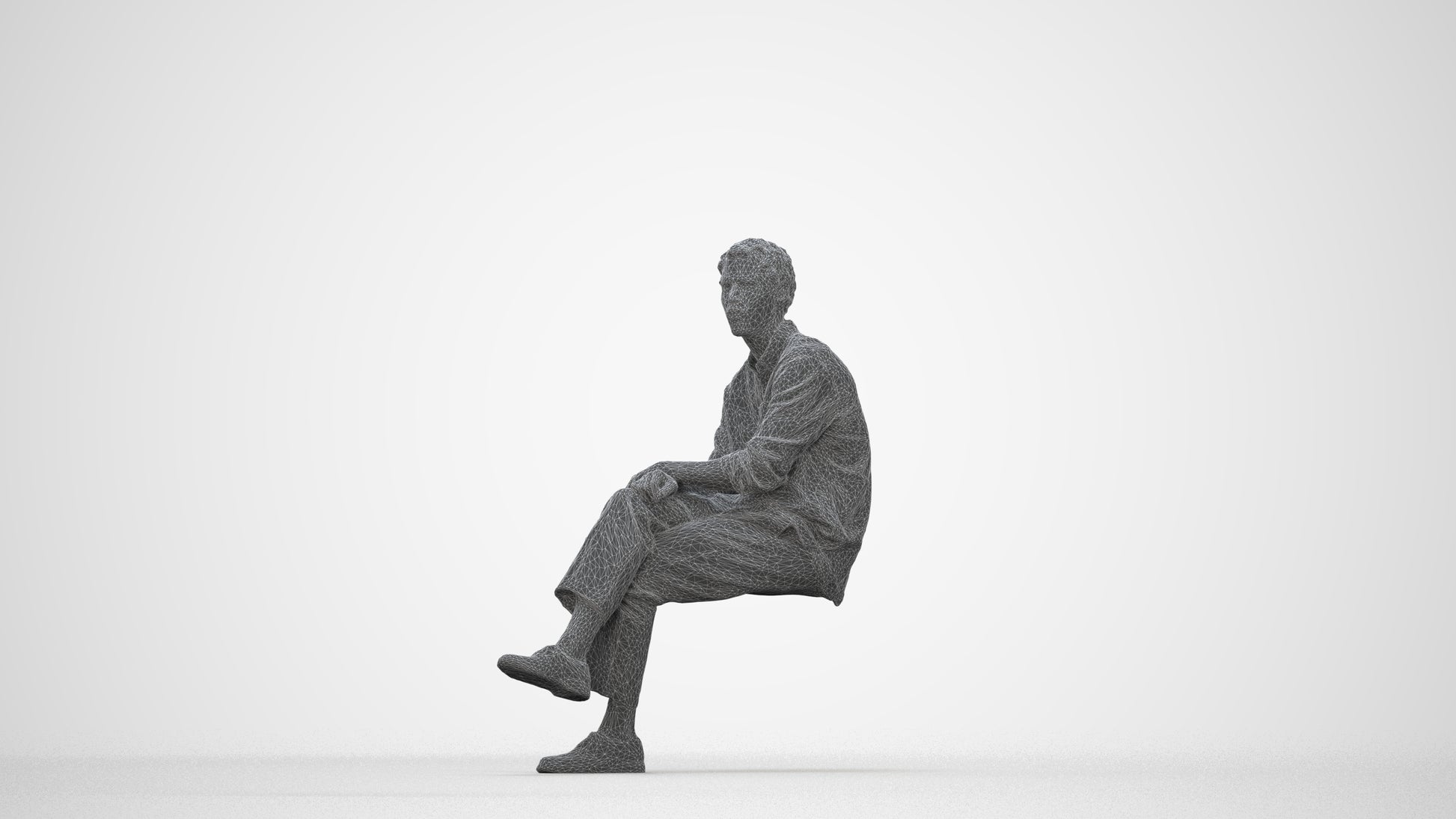 3D scanned man sitting casual, photorealistic archviz people for Enscape and SketchUp, wireframe back view