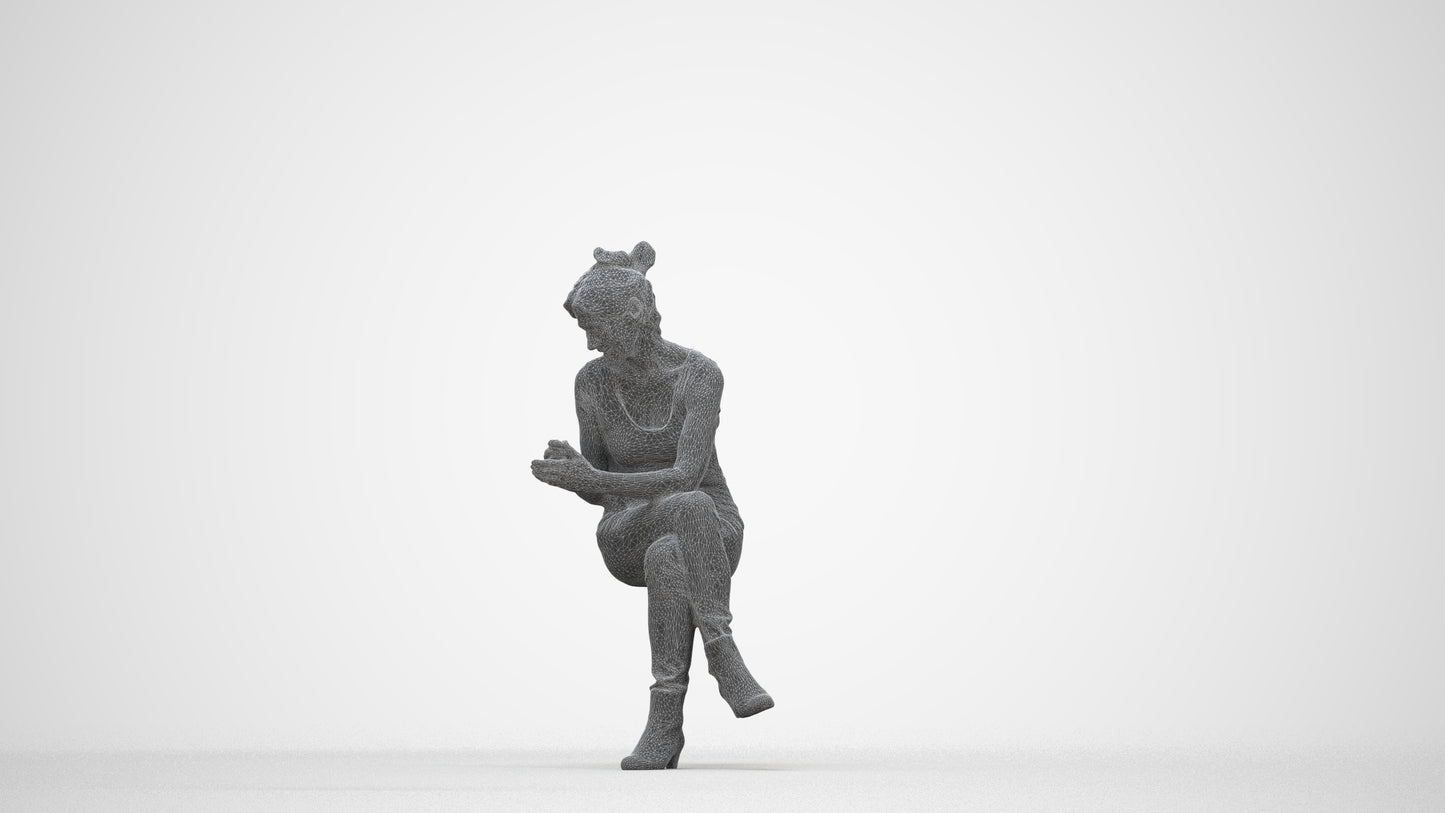 3D people model senior woman casual sitting, scanned human for 3ds Max rendering, wireframe back view