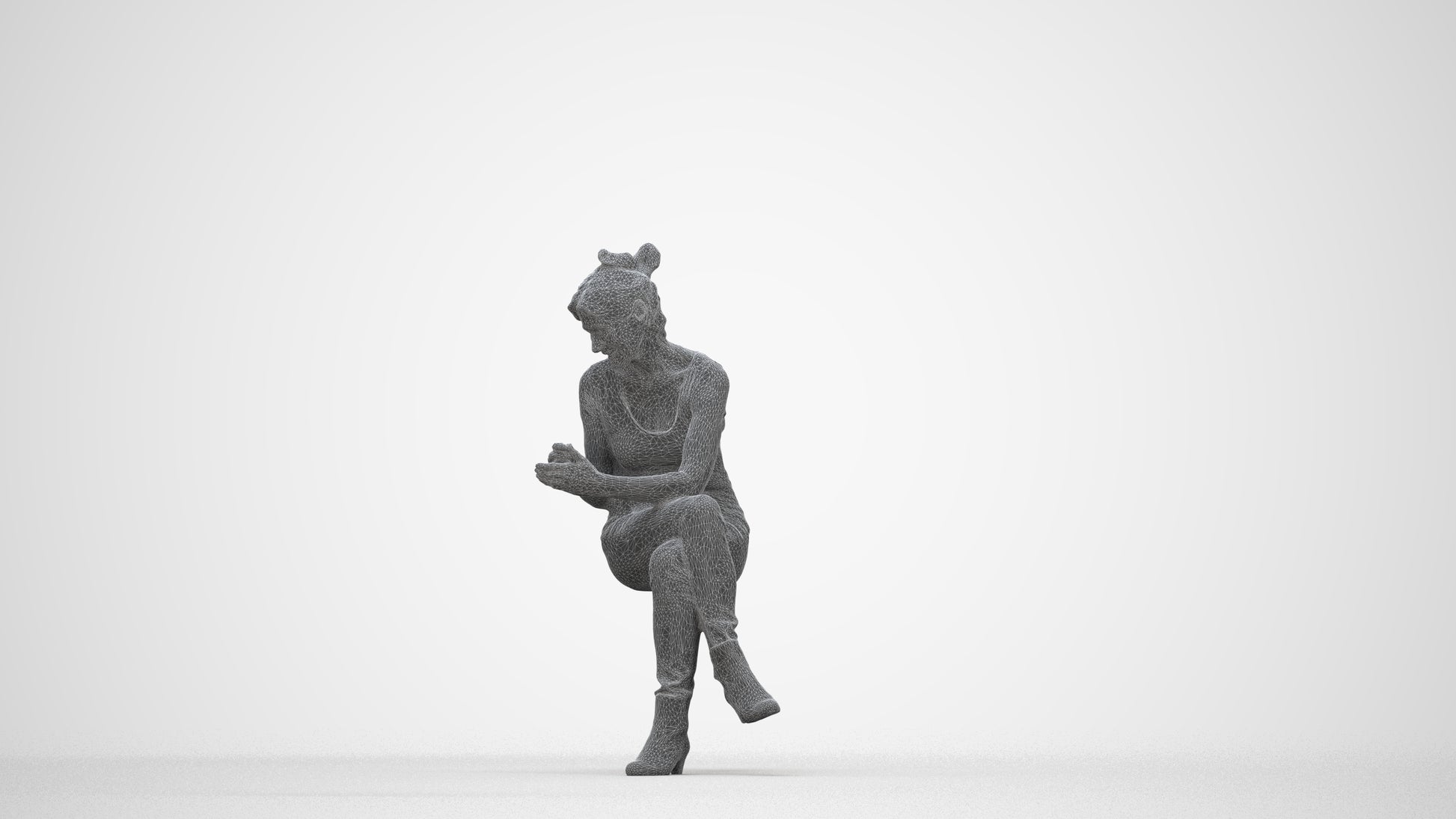 3D people model senior woman casual sitting, scanned human for 3ds Max rendering, wireframe back view