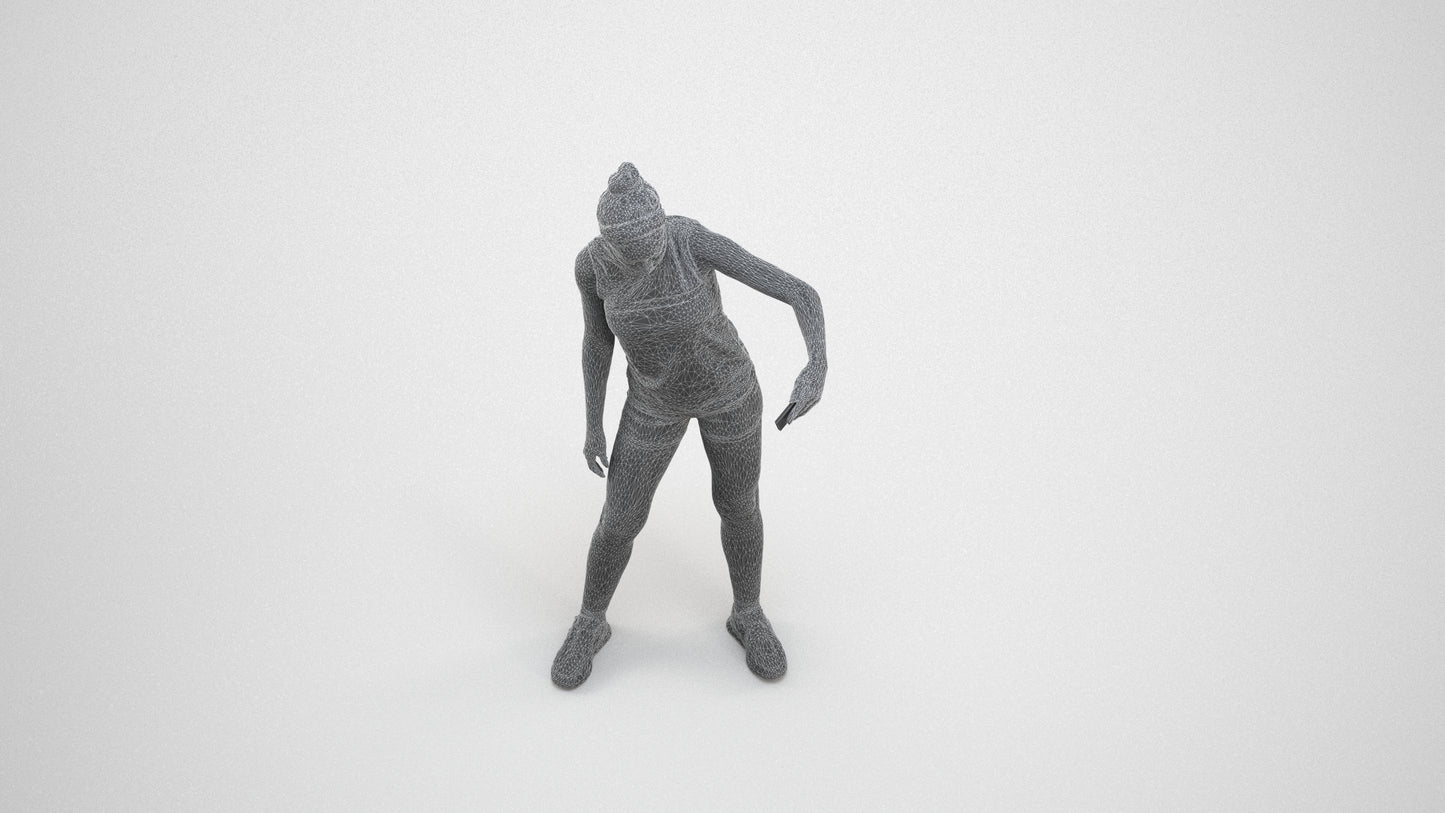 realistic 3D human girl sport, archviz people FBX OBJ for Blender, wireframe three-quarter view