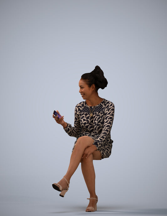 3D scanned woman sitting casual, photorealistic archviz people for Enscape and SketchUp
