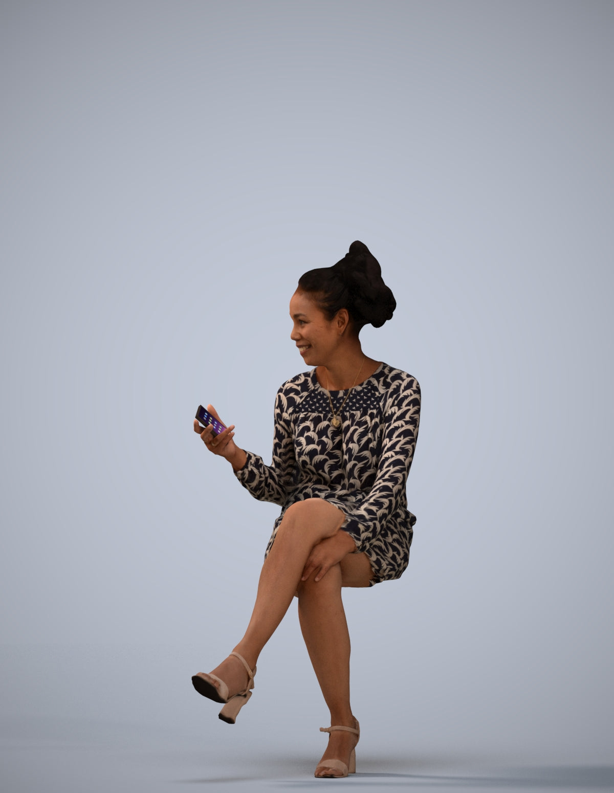 3D scanned woman sitting casual, photorealistic archviz people for Enscape and SketchUp