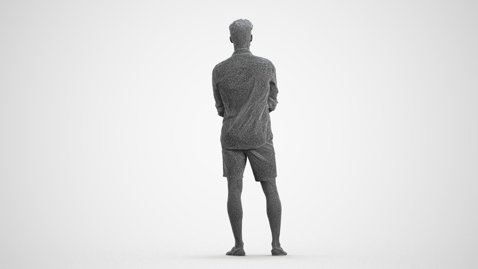 3D scanned man standing casual, photorealistic archviz people for Enscape and SketchUp, wireframe front view