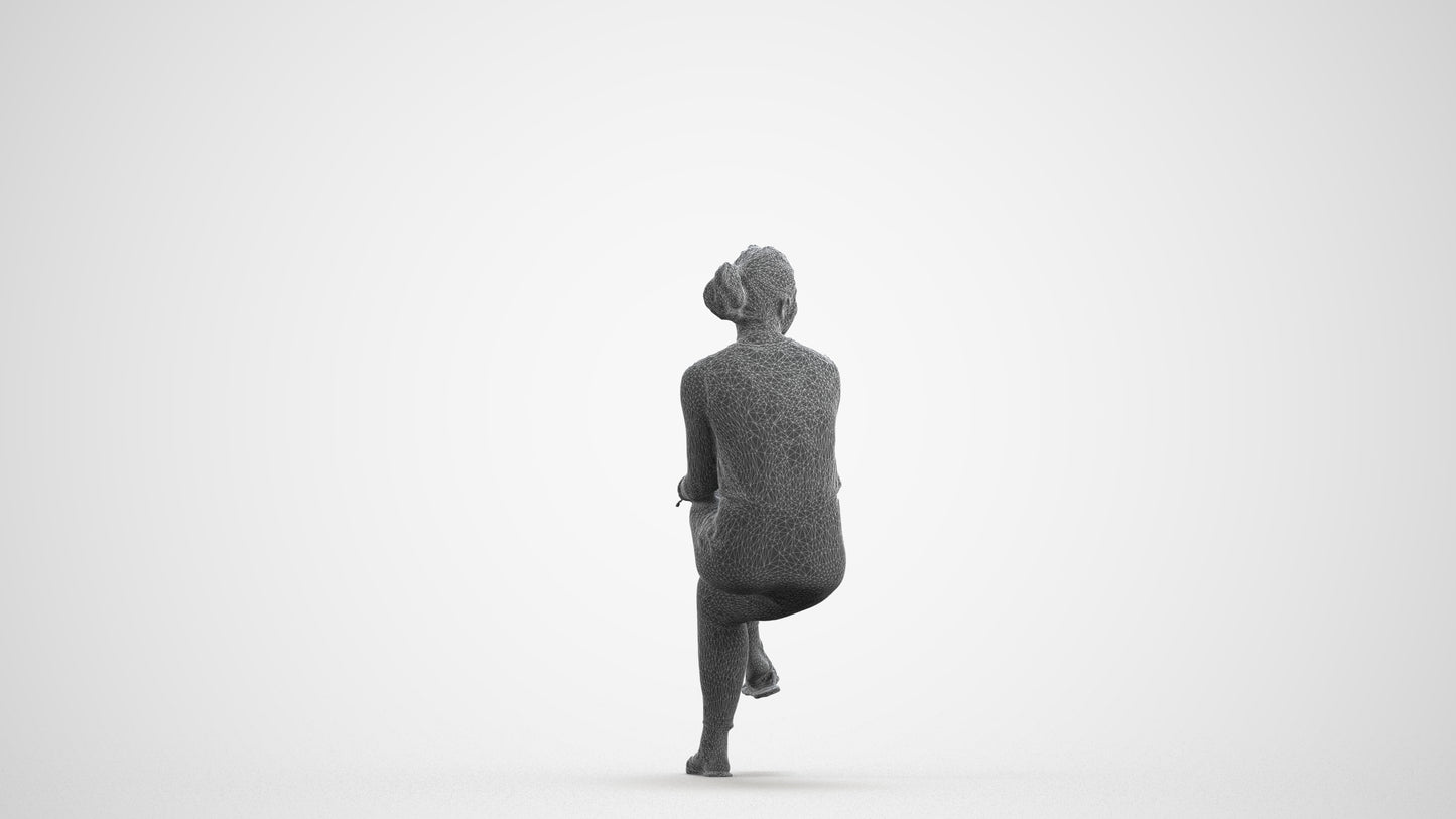 photogrammetry 3D woman casual sitting, realistic human model archviz FBX, wireframe front view