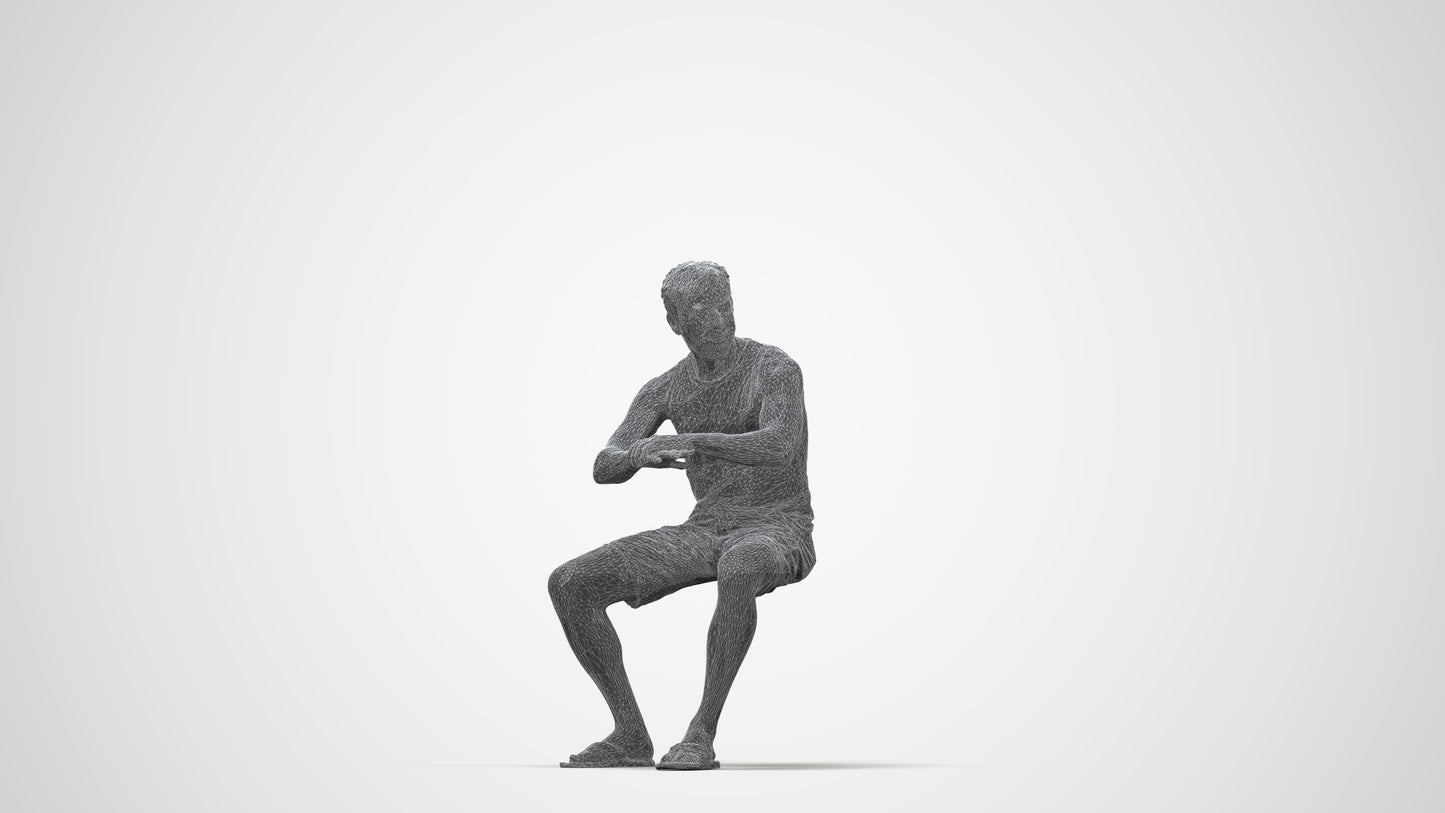 scanned 3D man casual sitting, photogrammetry people for Enscape and V-Ray, wireframe back view