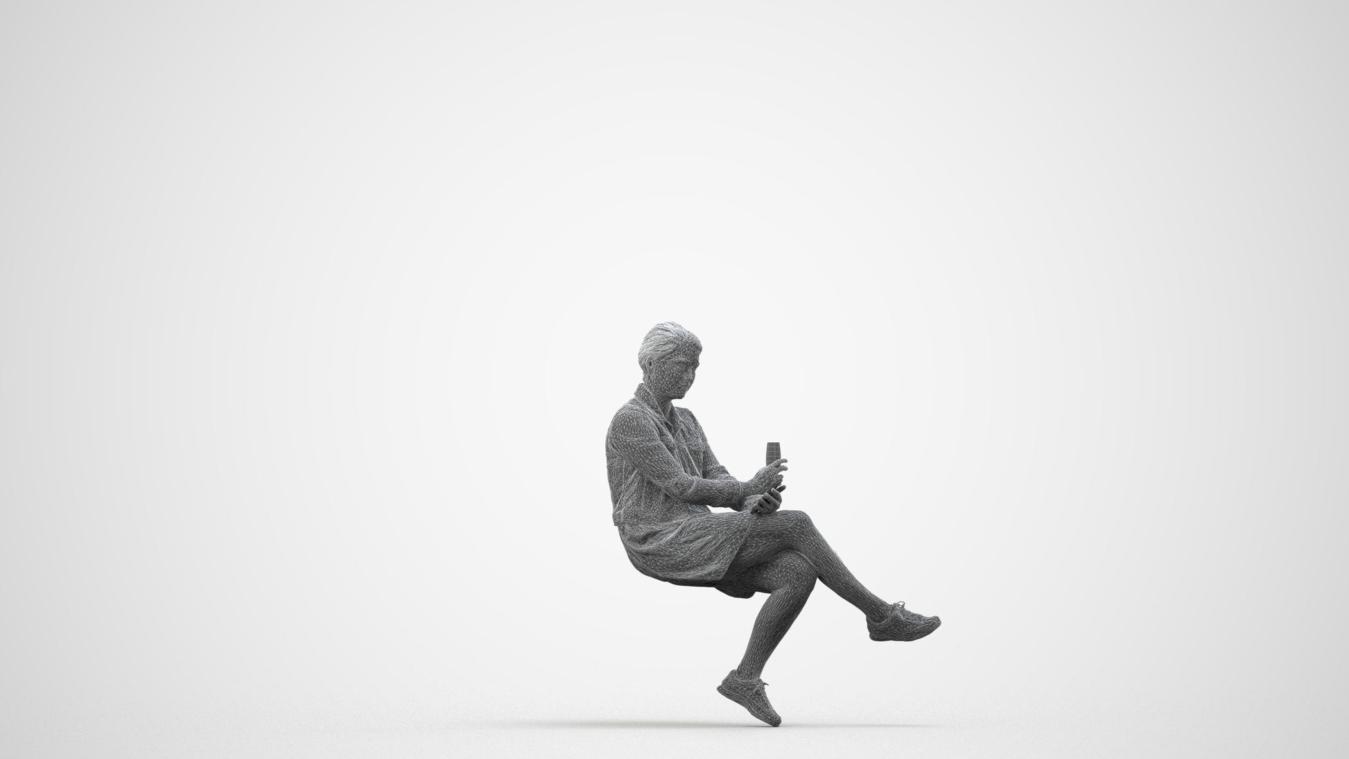 3D people model woman casual sitting, scanned human for 3ds Max rendering, wireframe side view