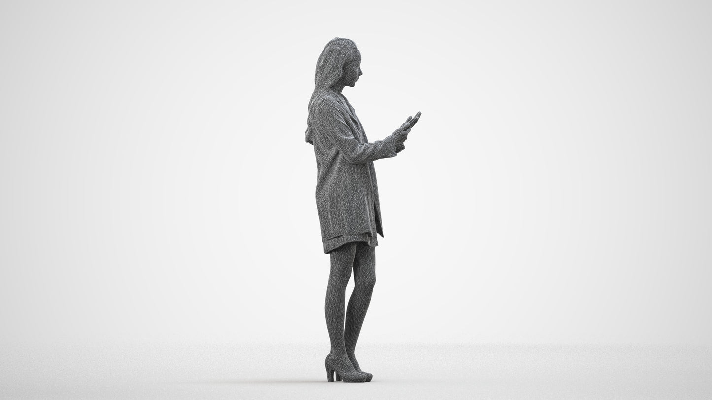 3D human model woman business standing, photogrammetry scanned person for archviz, wireframe side view