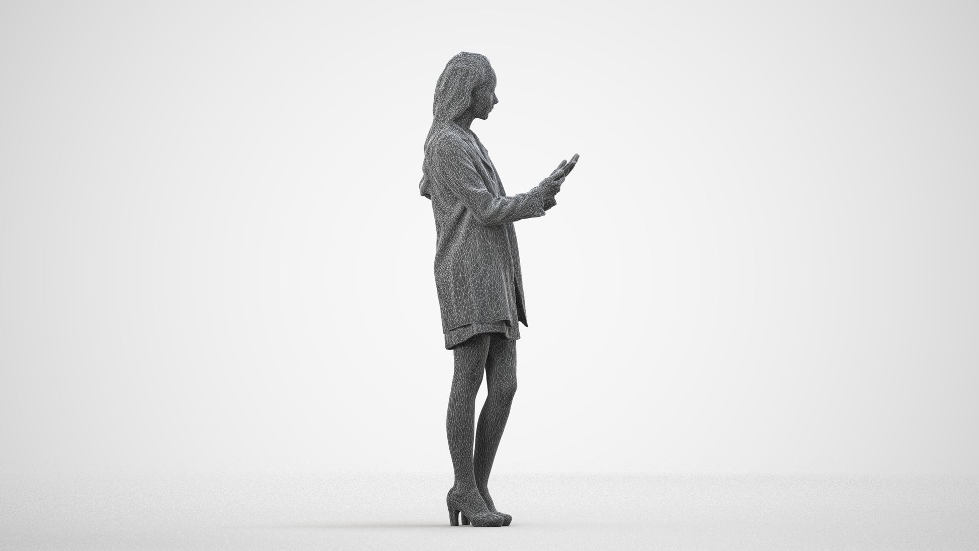 3D human model woman business standing, photogrammetry scanned person for archviz, wireframe side view