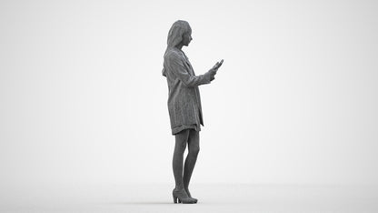 3D human model woman business standing, photogrammetry scanned person for archviz, wireframe side view