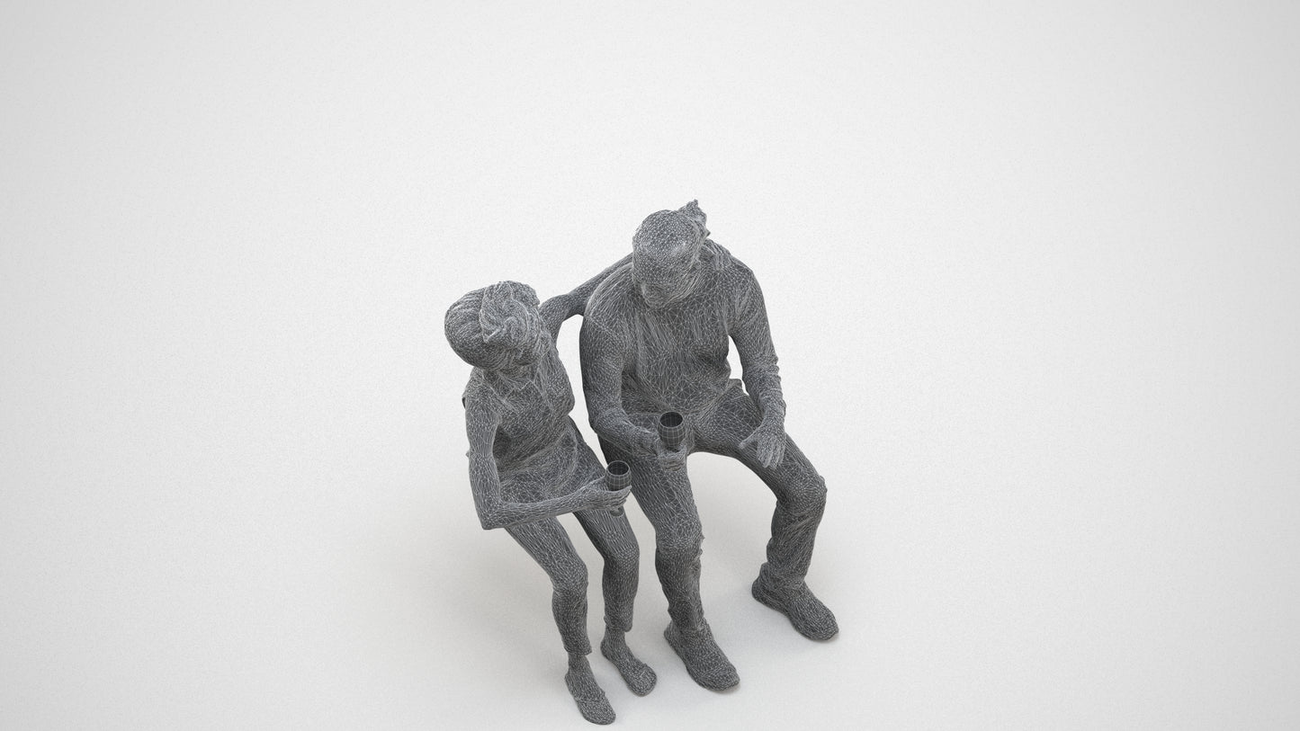 scanned 3D man casual couple, photogrammetry people for Enscape and V-Ray, wireframe three-quarter view