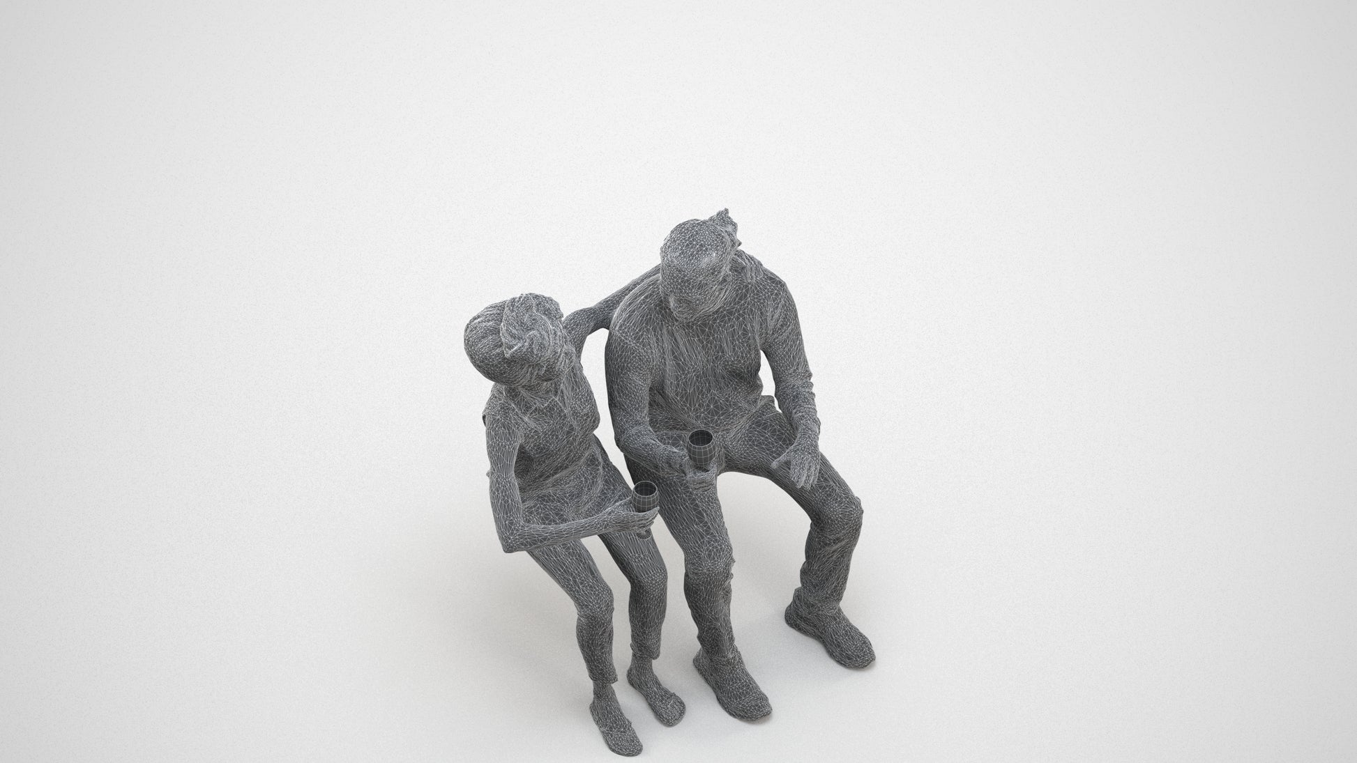 scanned 3D man casual couple, photogrammetry people for Enscape and V-Ray, wireframe three-quarter view