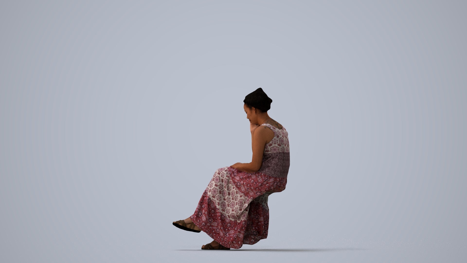 realistic 3D human woman casual sitting, archviz people FBX OBJ for Blender, three-quarter view render