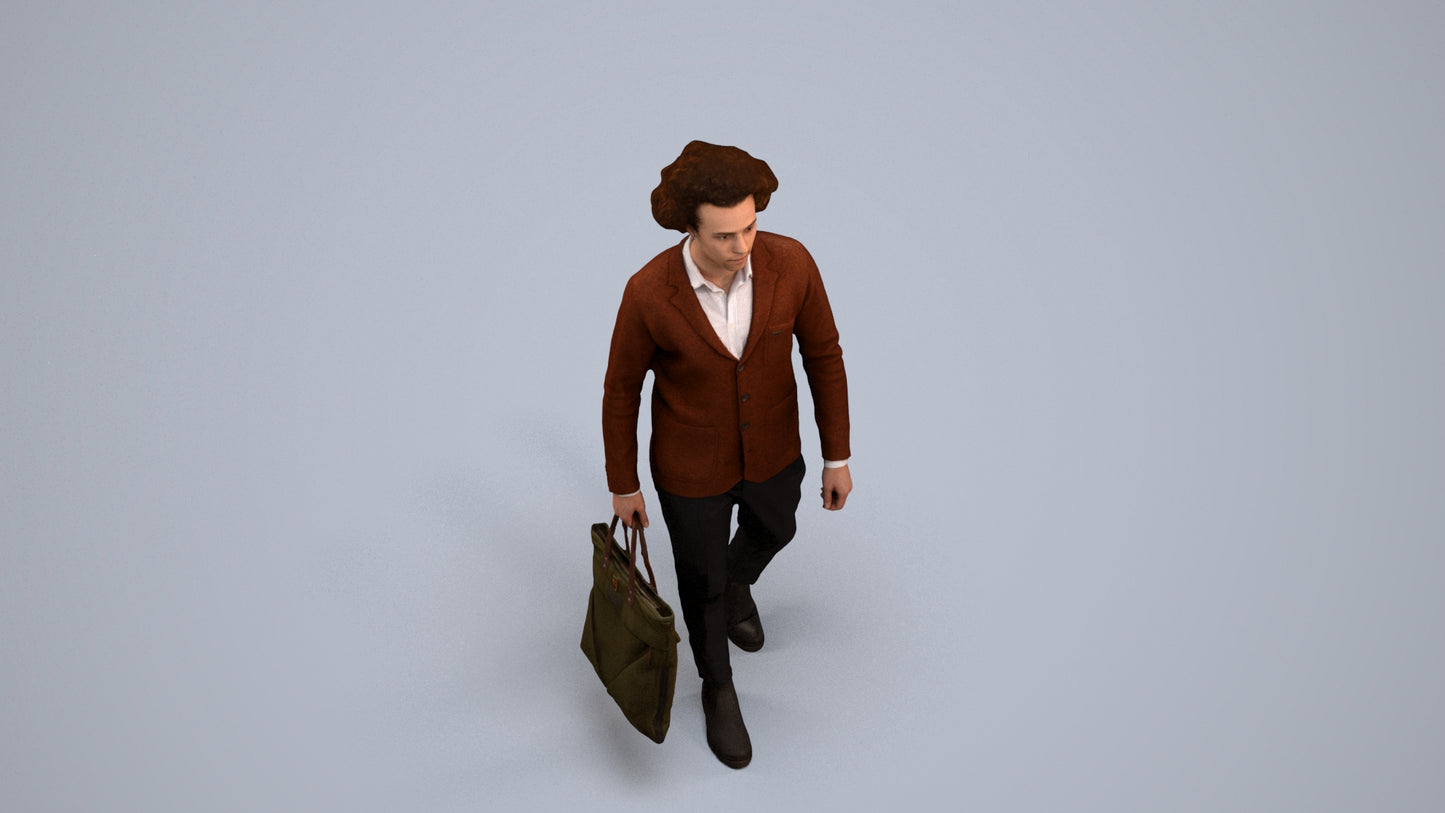 3D human model man business walking, photogrammetry scanned person for archviz, back view render