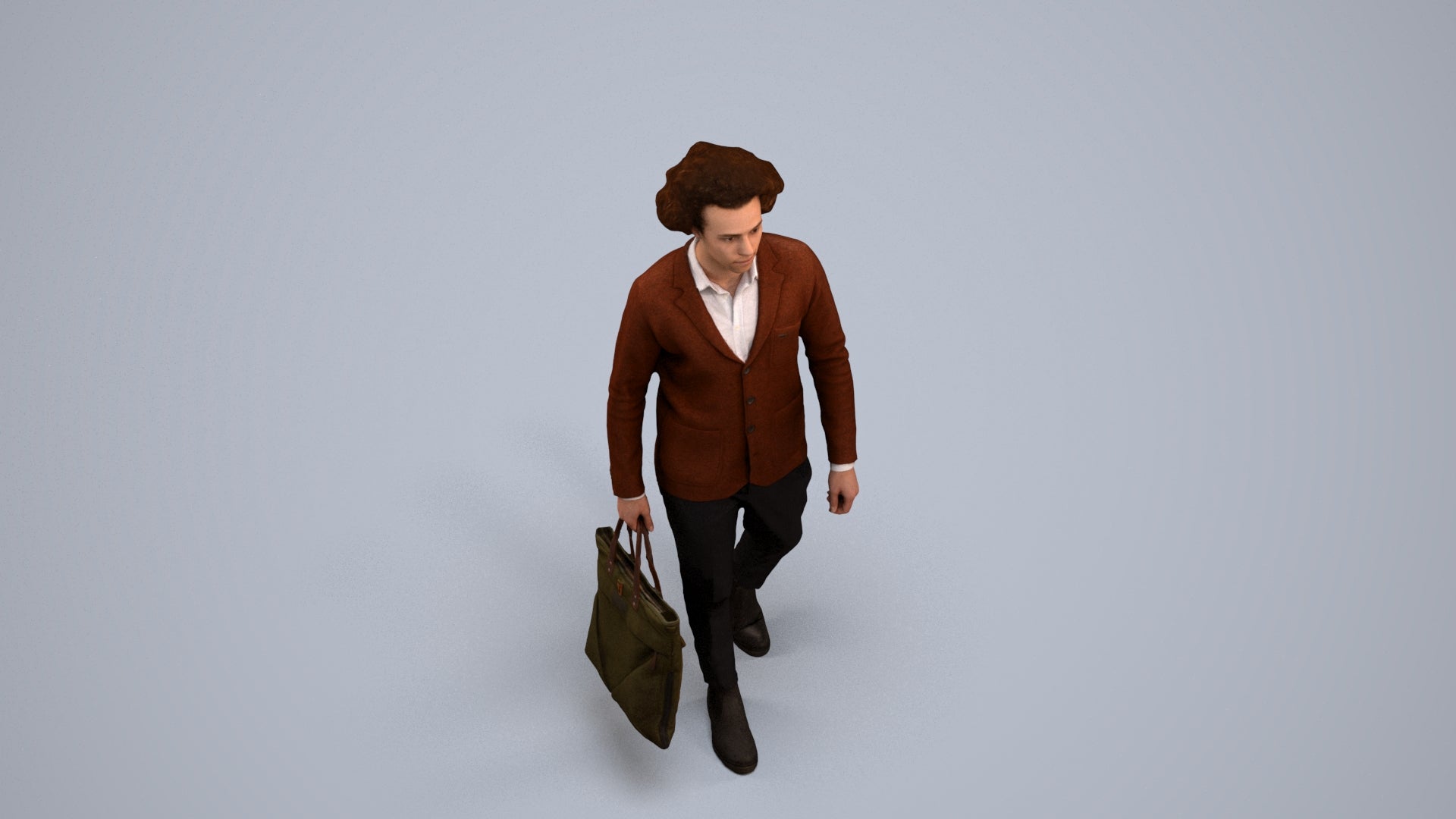 3D human model man business walking, photogrammetry scanned person for archviz, back view render