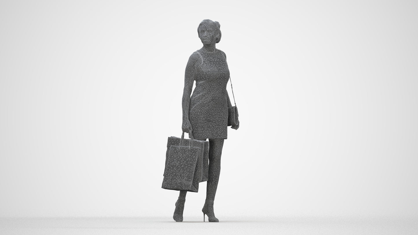 photogrammetry 3D woman casual shopping, realistic human model archviz FBX, wireframe back view