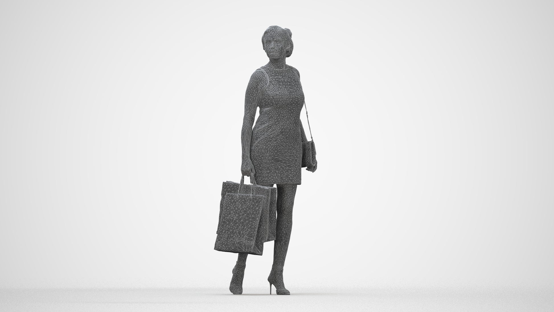 photogrammetry 3D woman casual shopping, realistic human model archviz FBX, wireframe back view