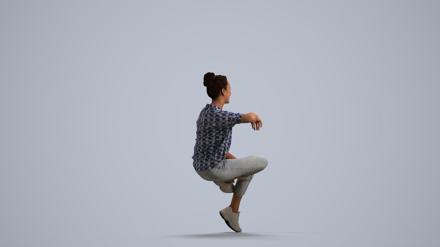 3D scanned woman sitting casual, photorealistic archviz people for Enscape and SketchUp, front view render